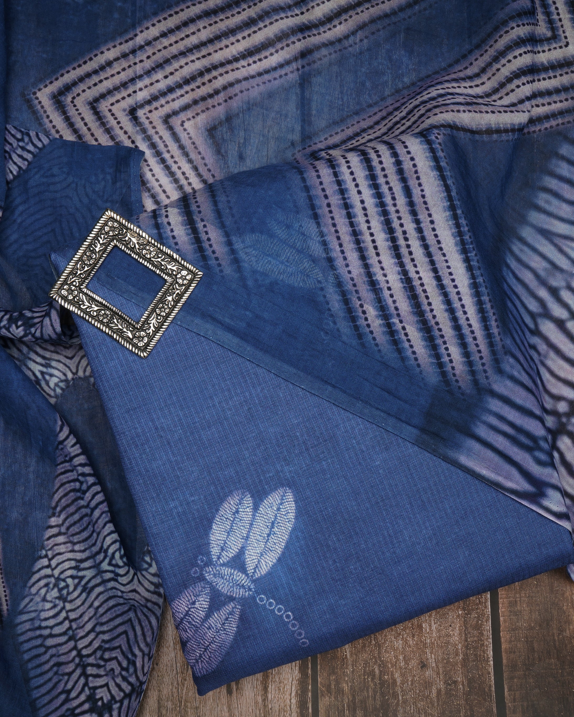 Navy Blue Motif Pattern Digital Print Fancy Cotton Unstitched Suit Set (Top & Dupatta)