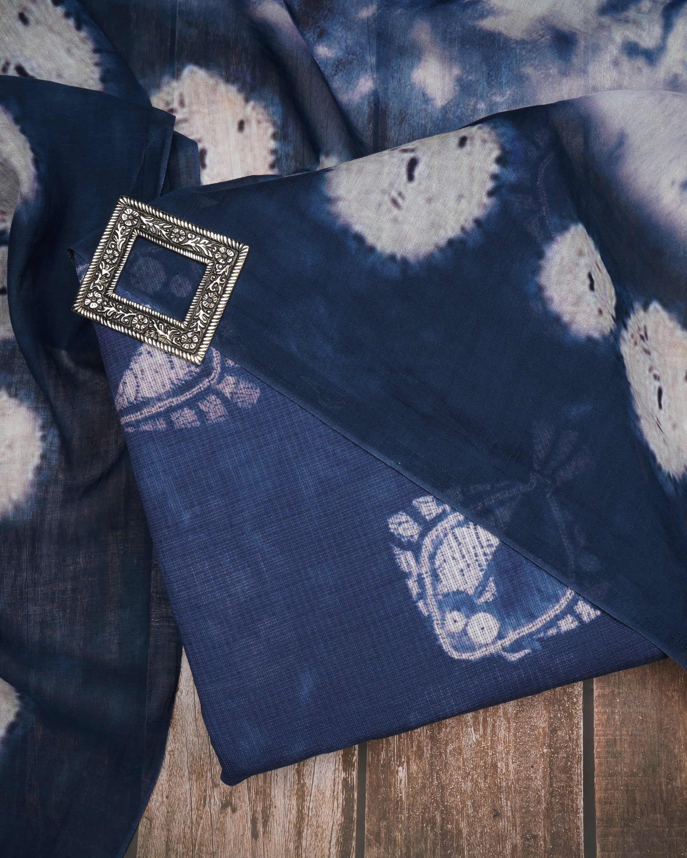 Navy Blue Motif Pattern Digital Print Fancy Cotton Unstitched Suit Set (Top & Dupatta)