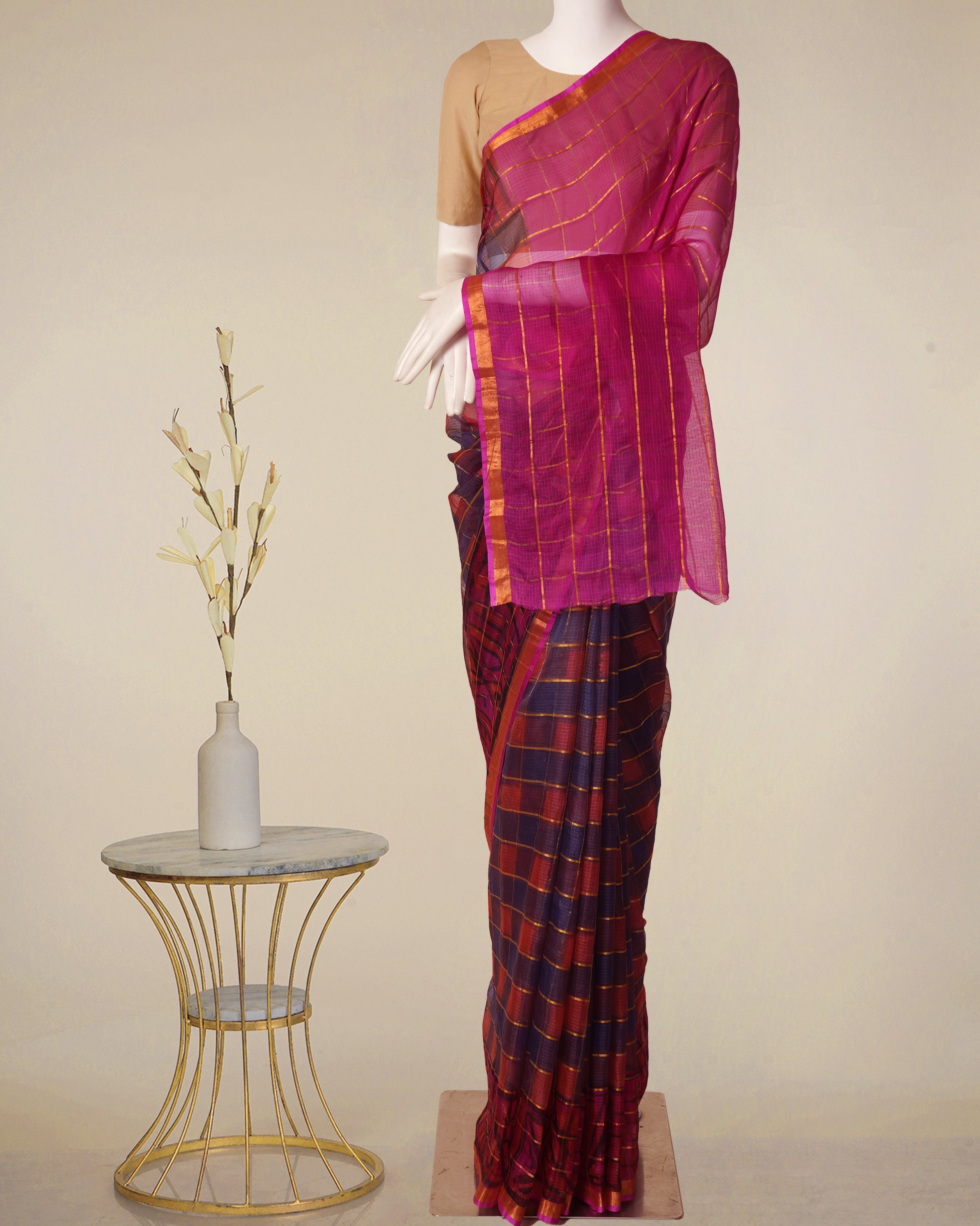 Multi Color Handwoven Kota Silk Saree with Blouse Piece