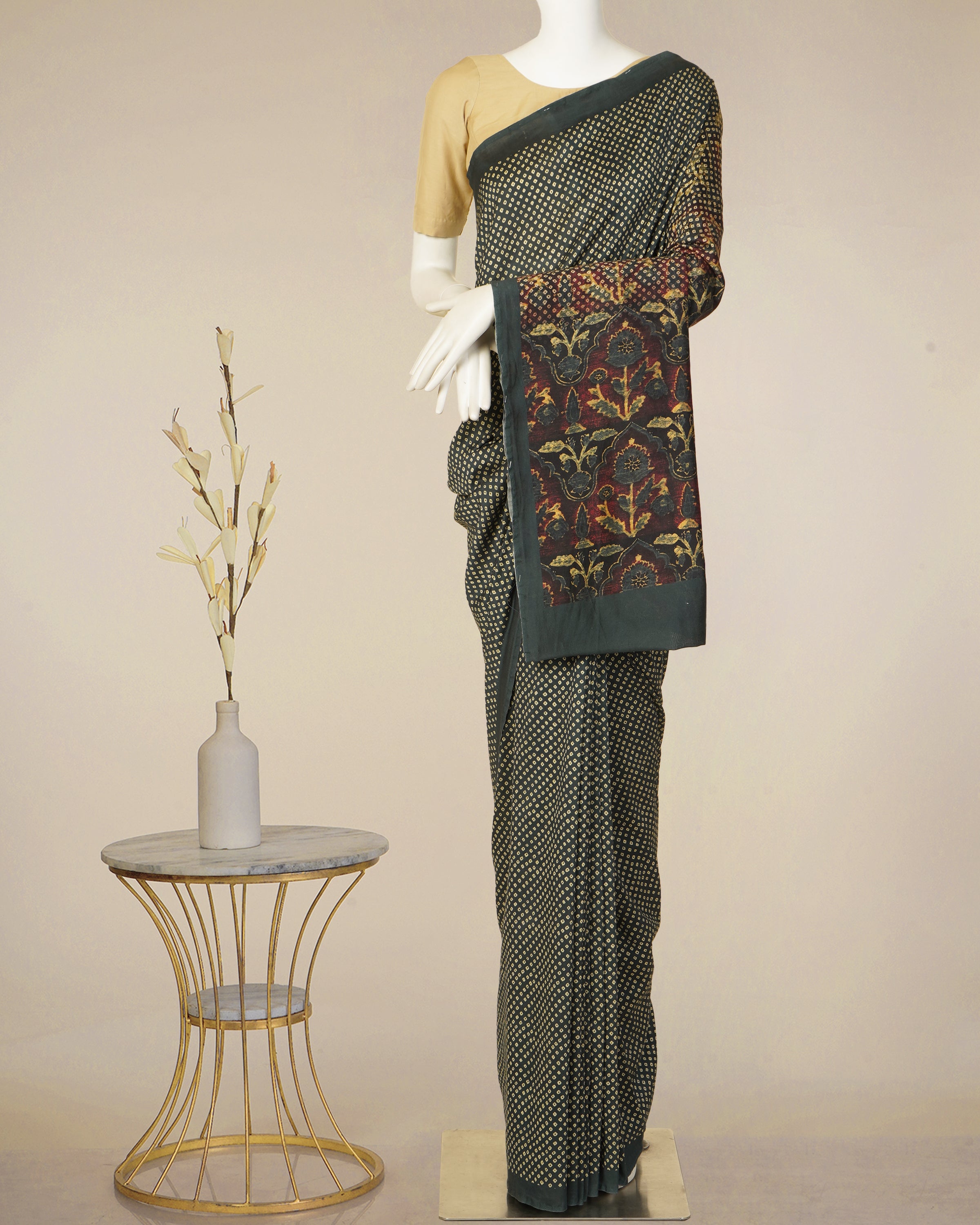 Dark Green Color Digital Printed Bandhani Pattern Pure Chanderi Saree With Blouse Piece