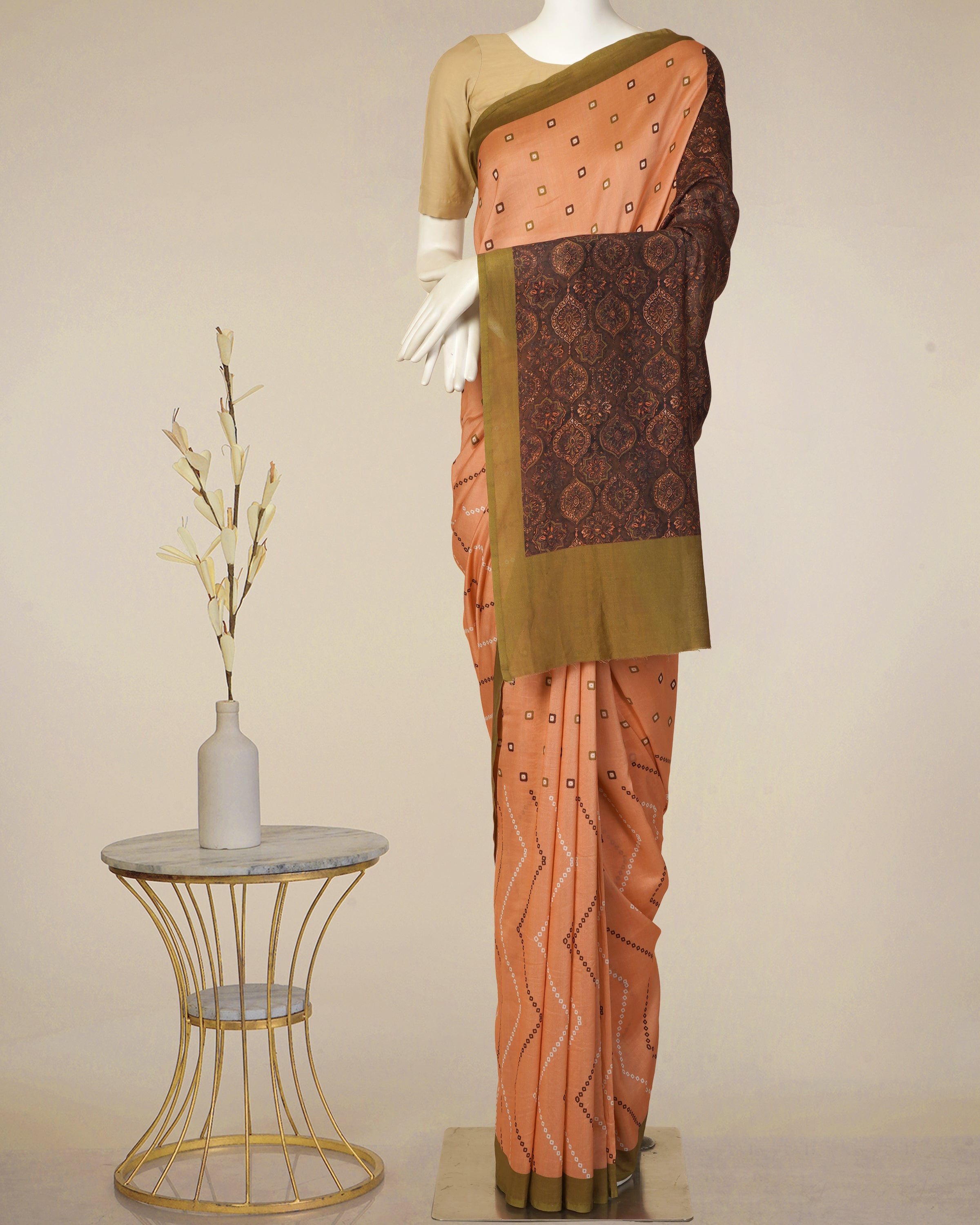 Peach Color Digital Printed Bandhani Pattern Pure Chanderi Saree