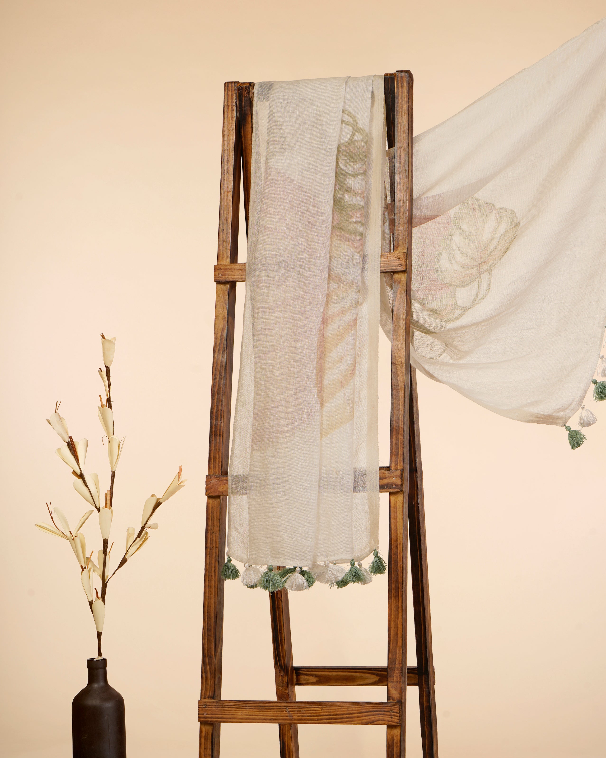 Off White Printed Premium Linen Dupatta with Tassels
