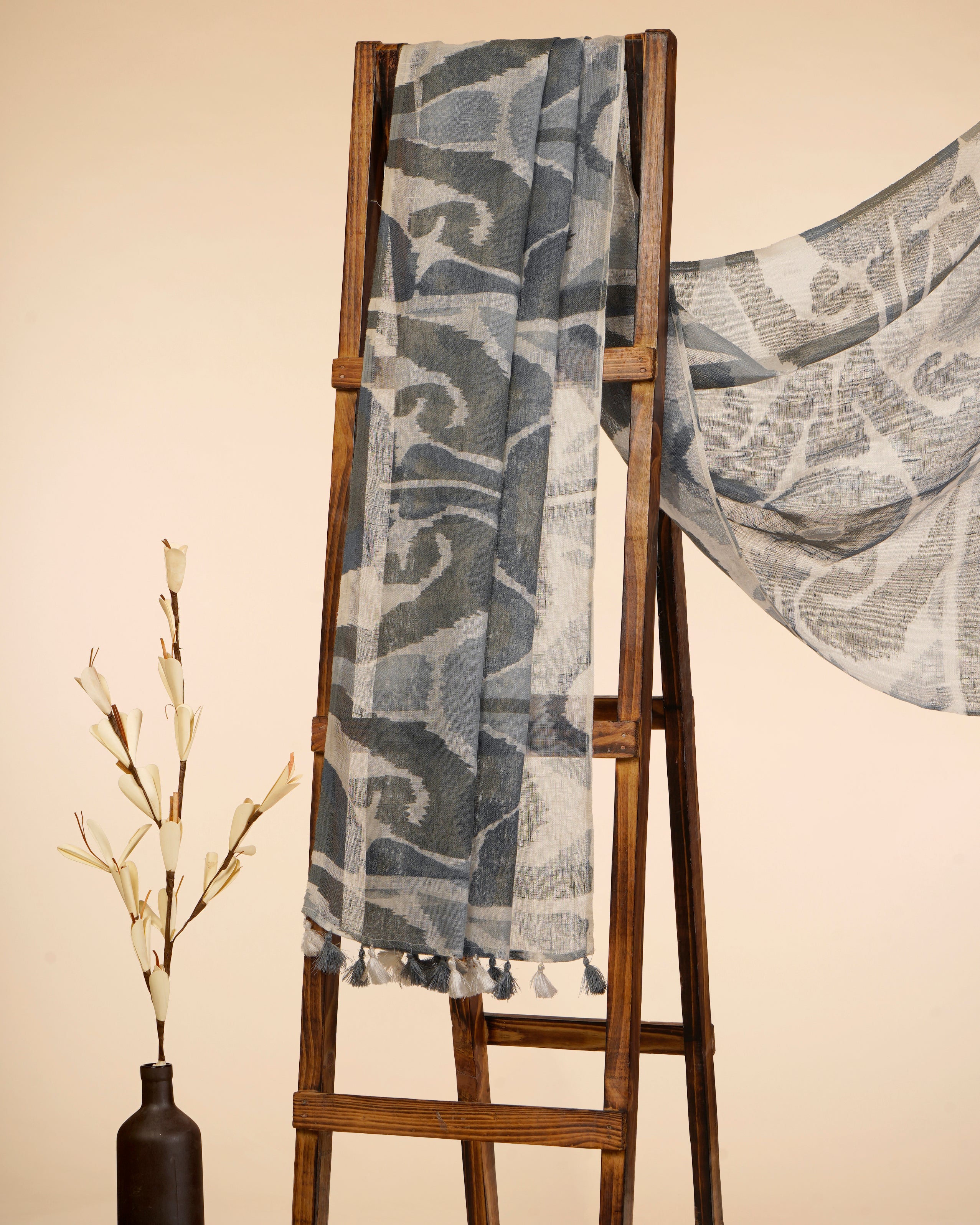 Blue-Grey Printed Premium Linen Dupatta with Tassels