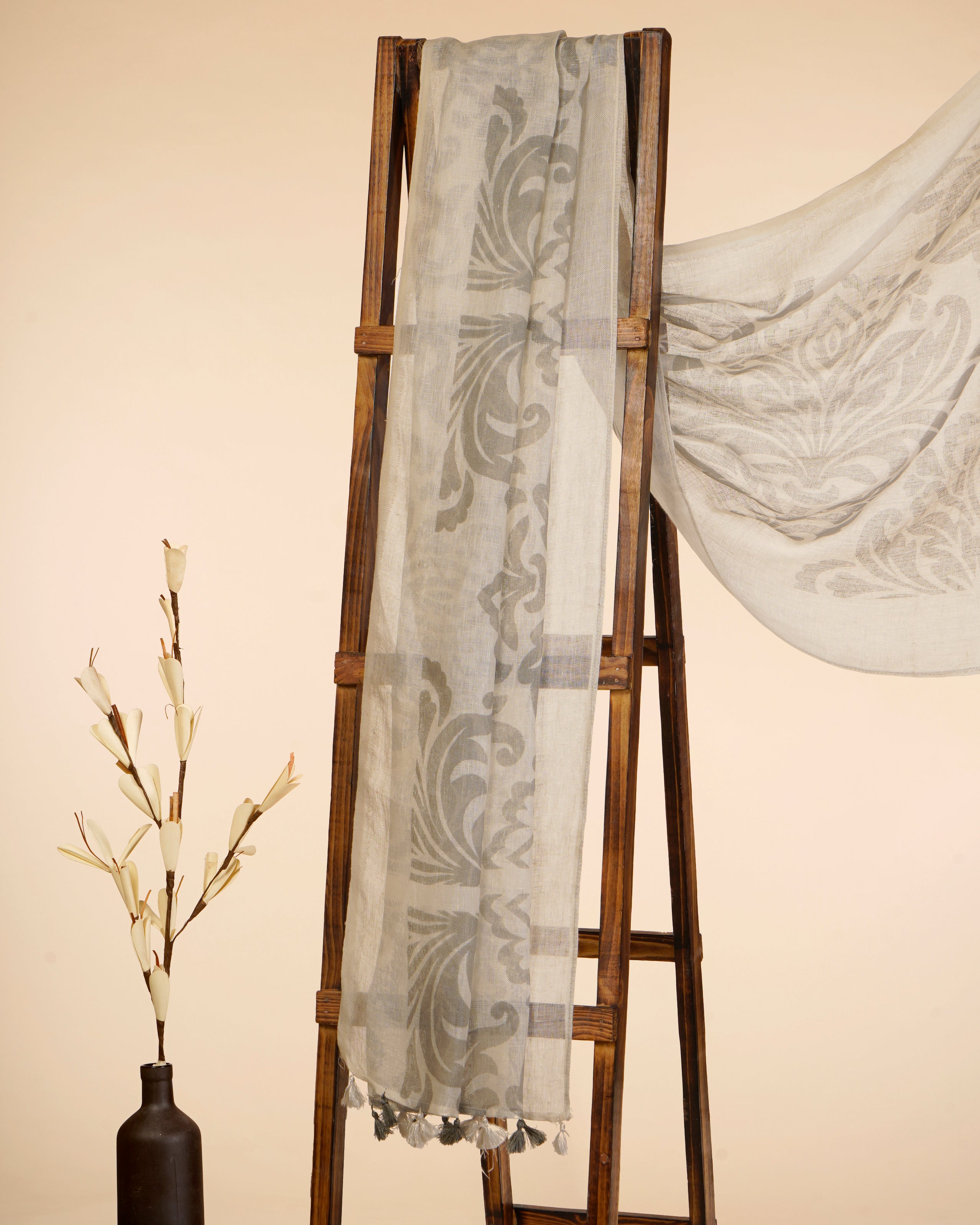 Grey Printed Premium Linen Dupatta with Tassels