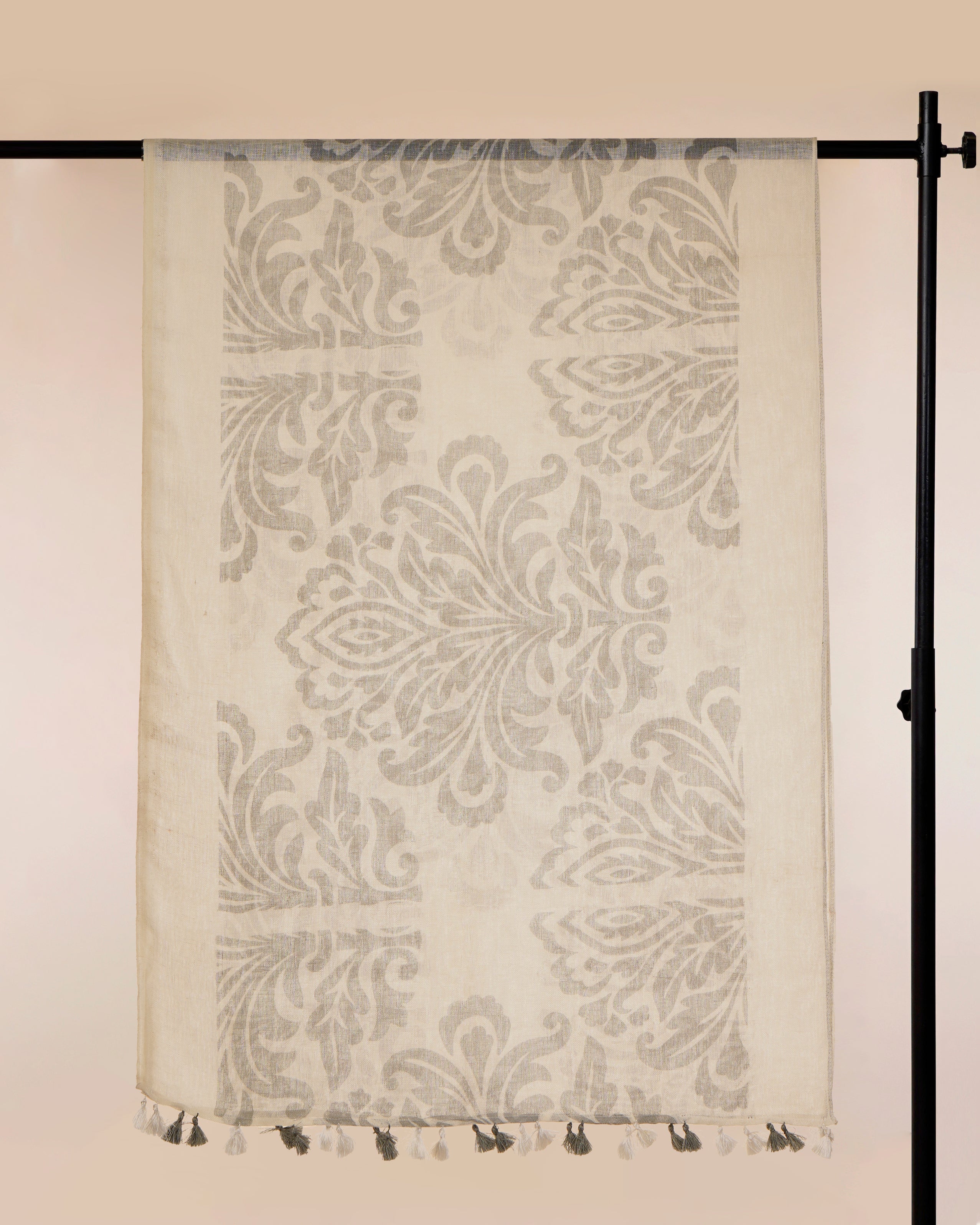 Grey Printed Premium Linen Dupatta with Tassels
