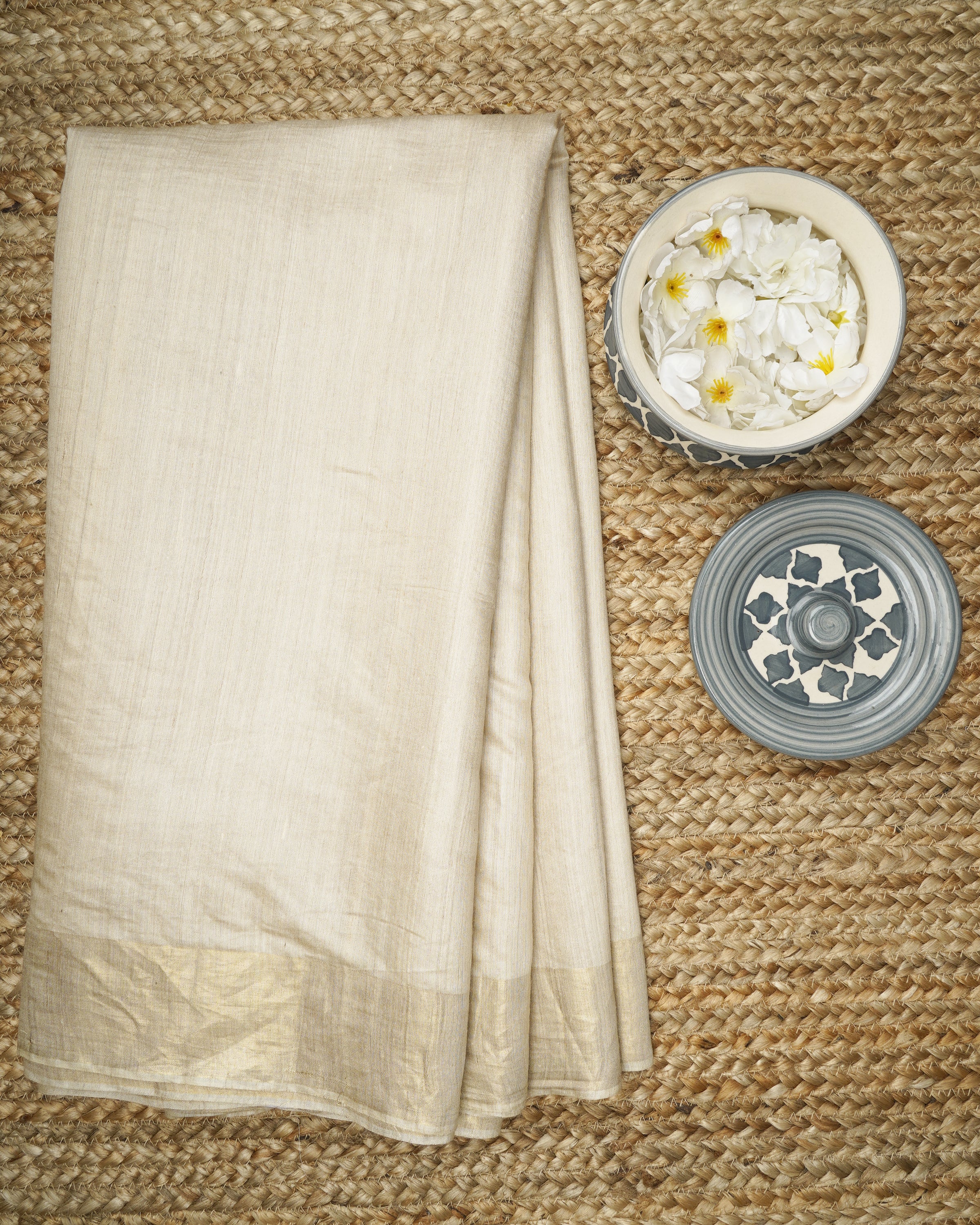 Beige Color Handwoven Zari Bordered Pure Muga Silk Saree With Blouse Piece
