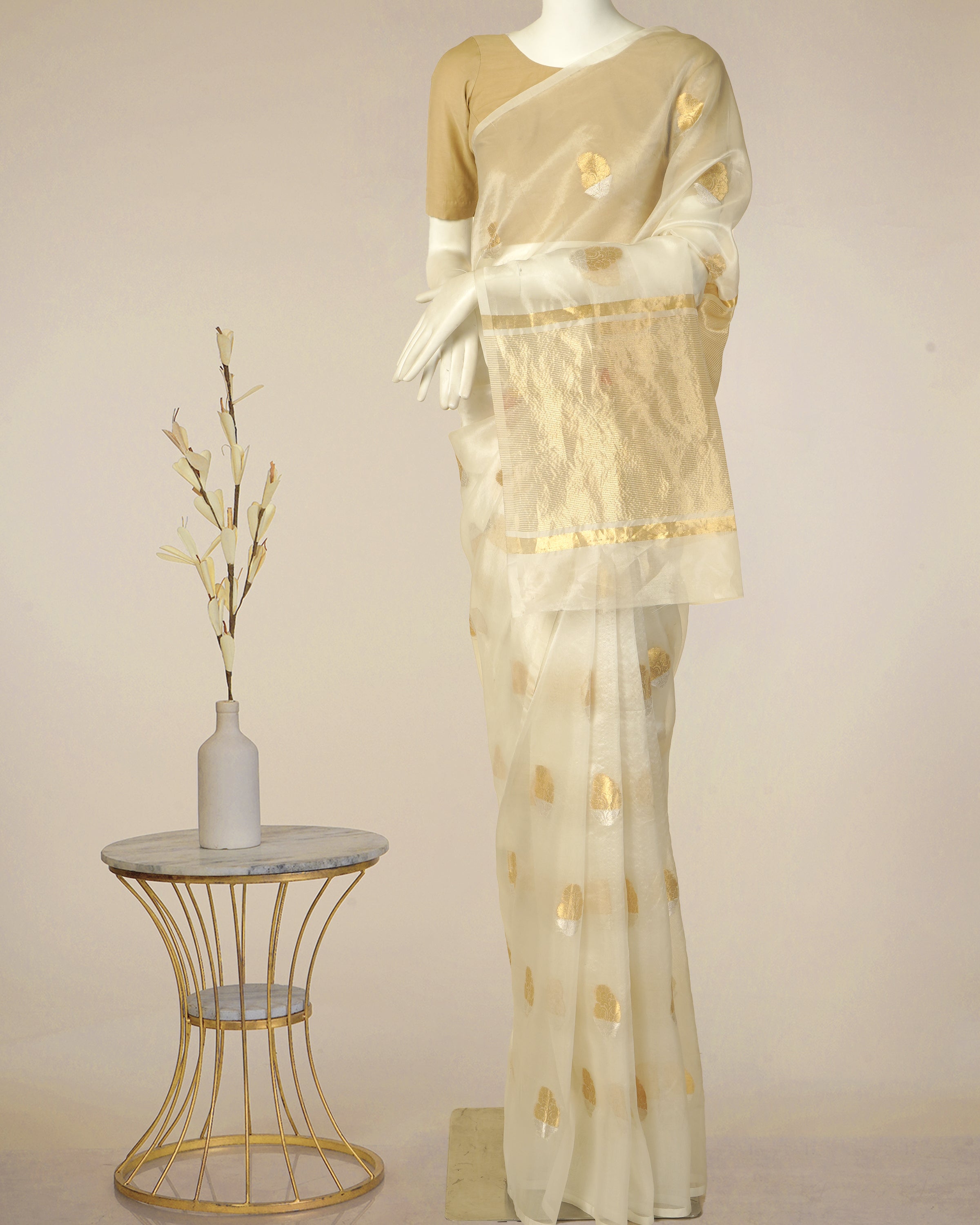 Off White Color Handwoven Organza Silk Saree With Blouse Piece