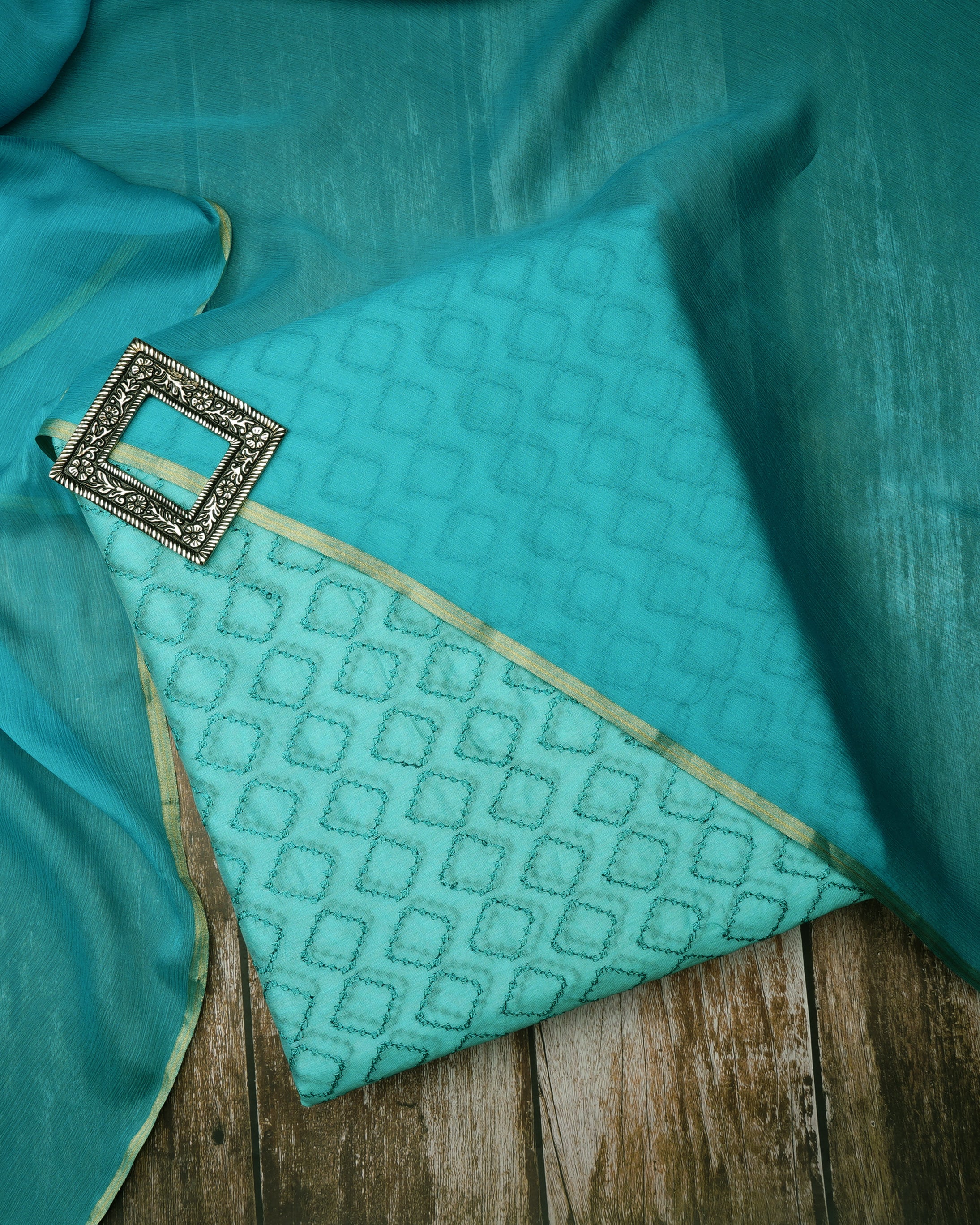 Coral Green Geometric Pattern Thread Embroidered Chanderi Unstitched Suit Set (Top & Dupatta)