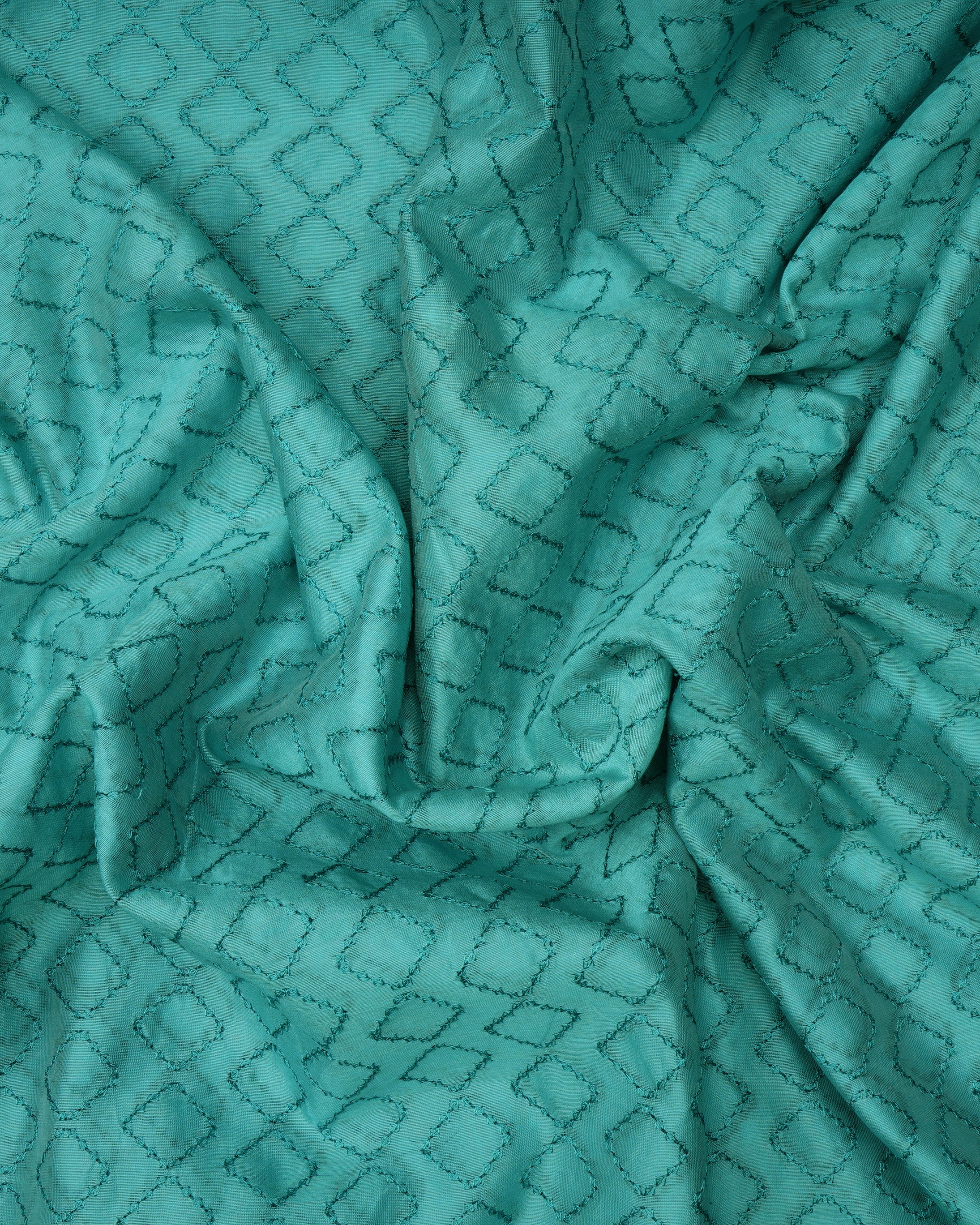 Coral Green Geometric Pattern Thread Embroidered Chanderi Unstitched Suit Set (Top & Dupatta)
