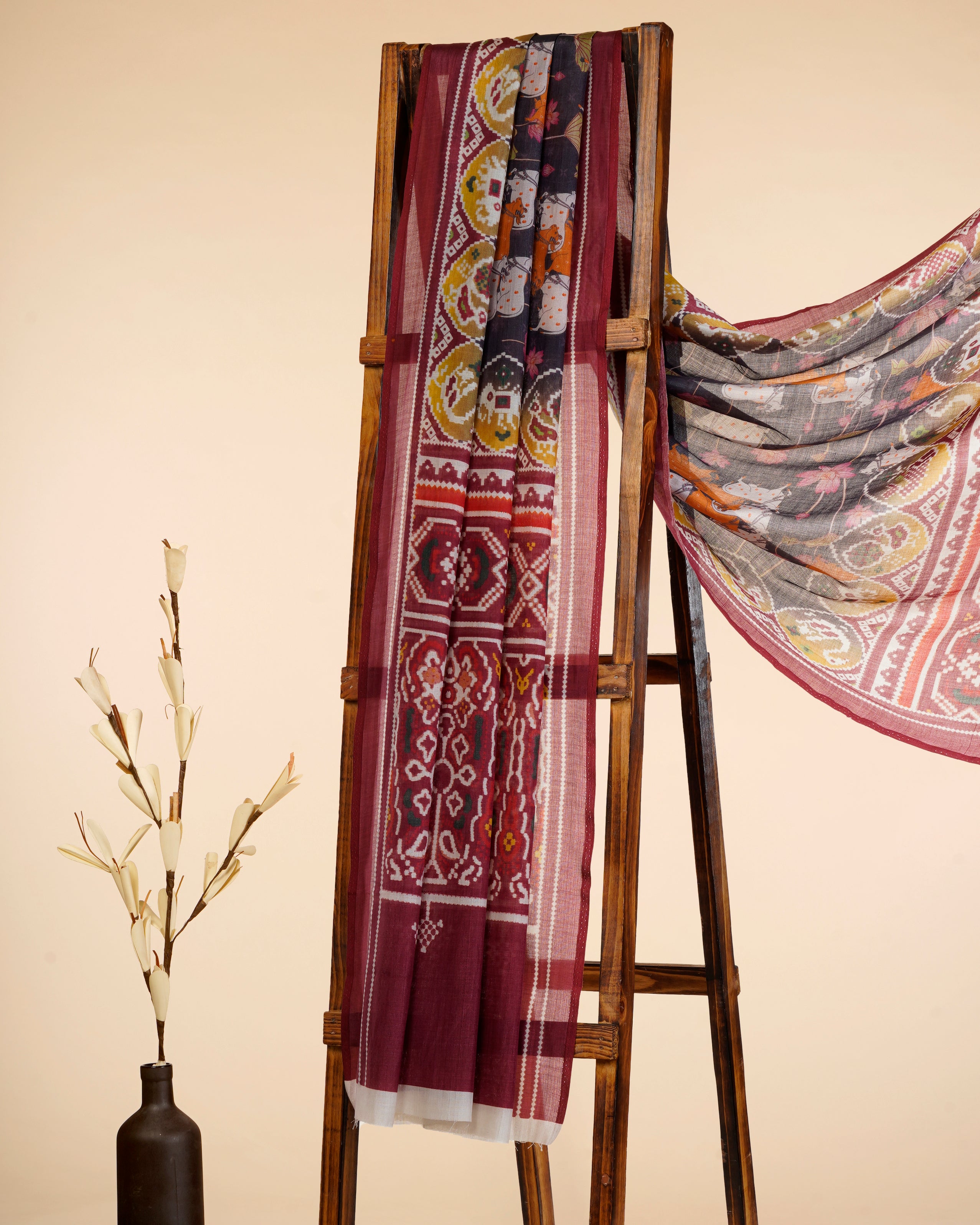 Deep Maroon Traditional Pichwai Pattern Digital Print Tusser Chanderi Dupatta