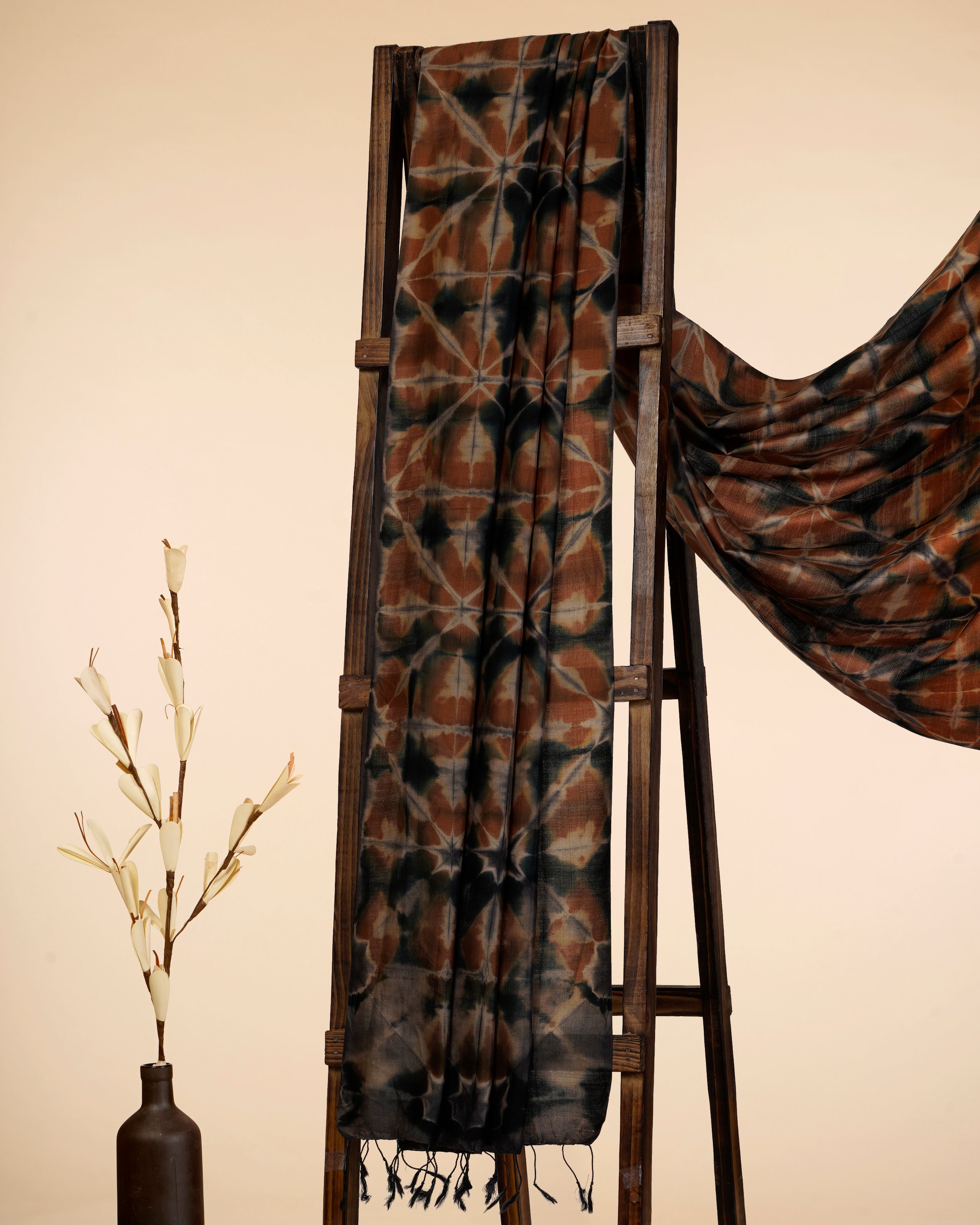 Brown-Black Color Tie and Dye Printed Silk Dupatta with Tassels