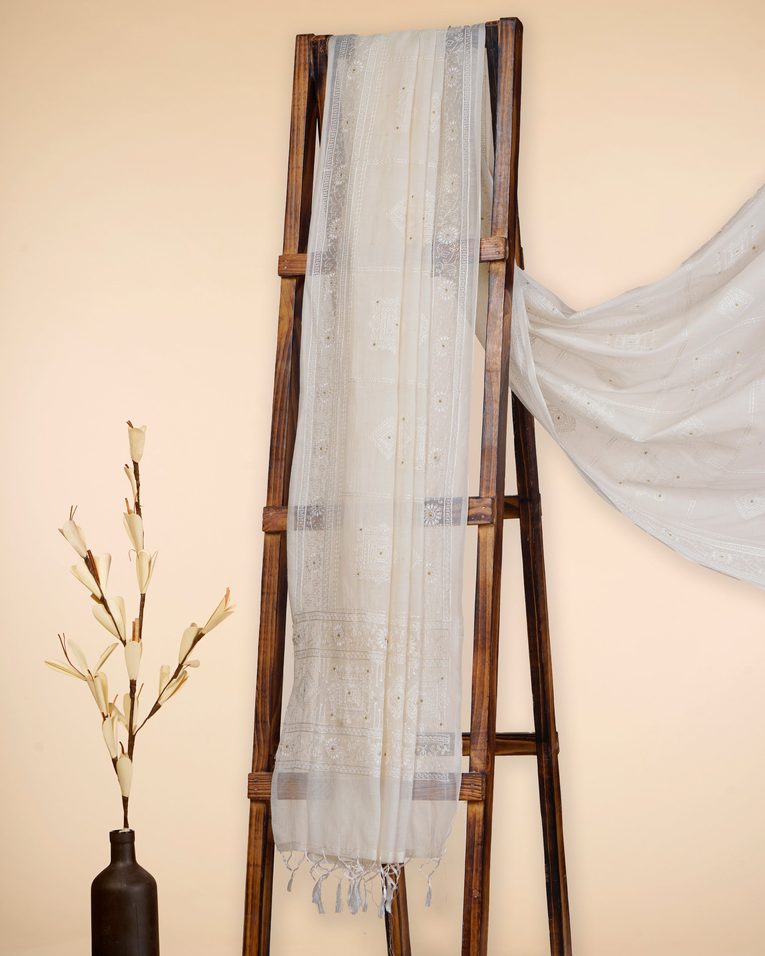 Off-White Dyeable All Over Pattern Embroidered Chanderi Dupatta