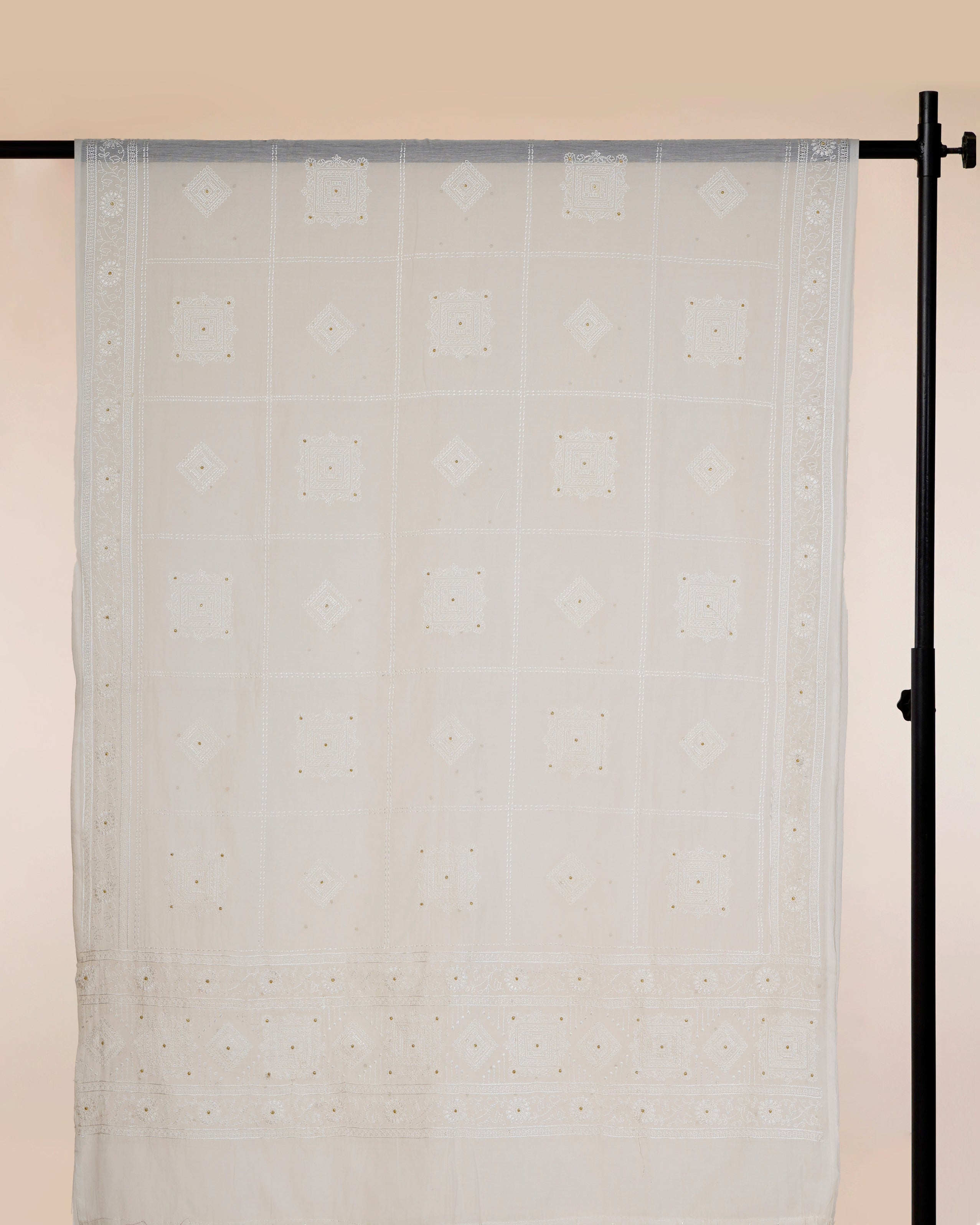 Off-White Dyeable All Over Pattern Embroidered Chanderi Dupatta