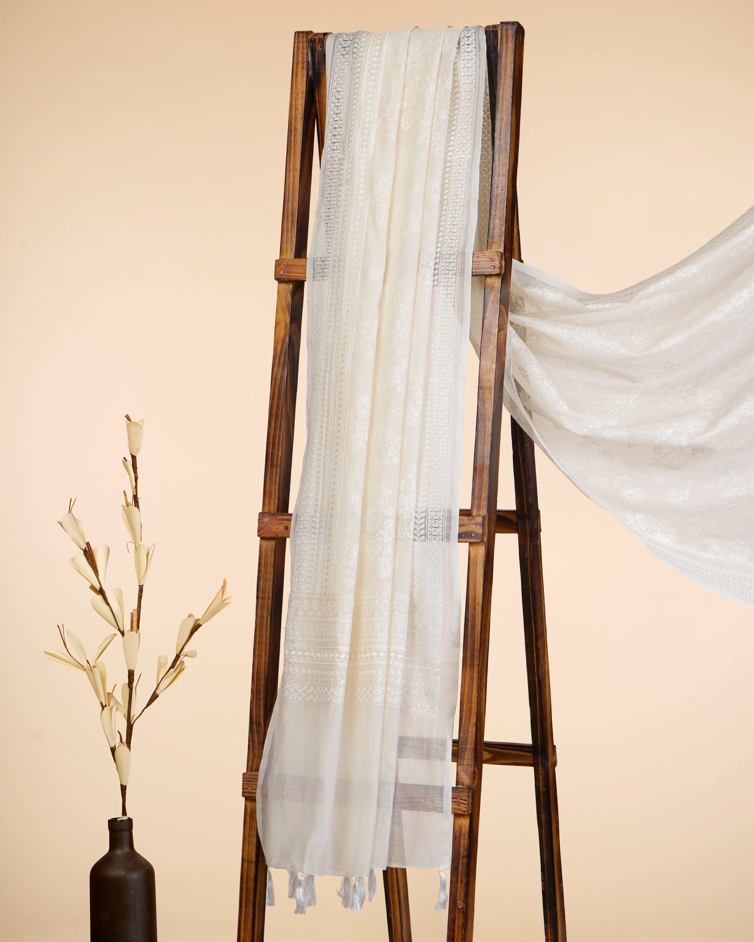 Off-White Dyeable All Over Pattern Embroidered Chanderi Dupatta with Tassels