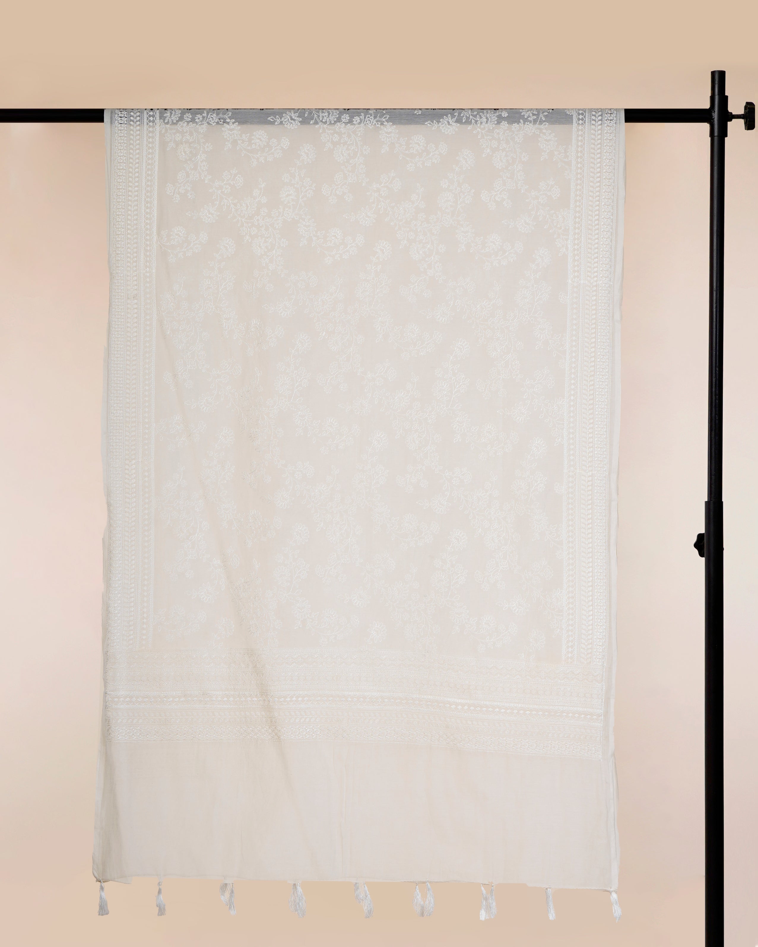 Off-White Dyeable All Over Pattern Embroidered Chanderi Dupatta with Tassels