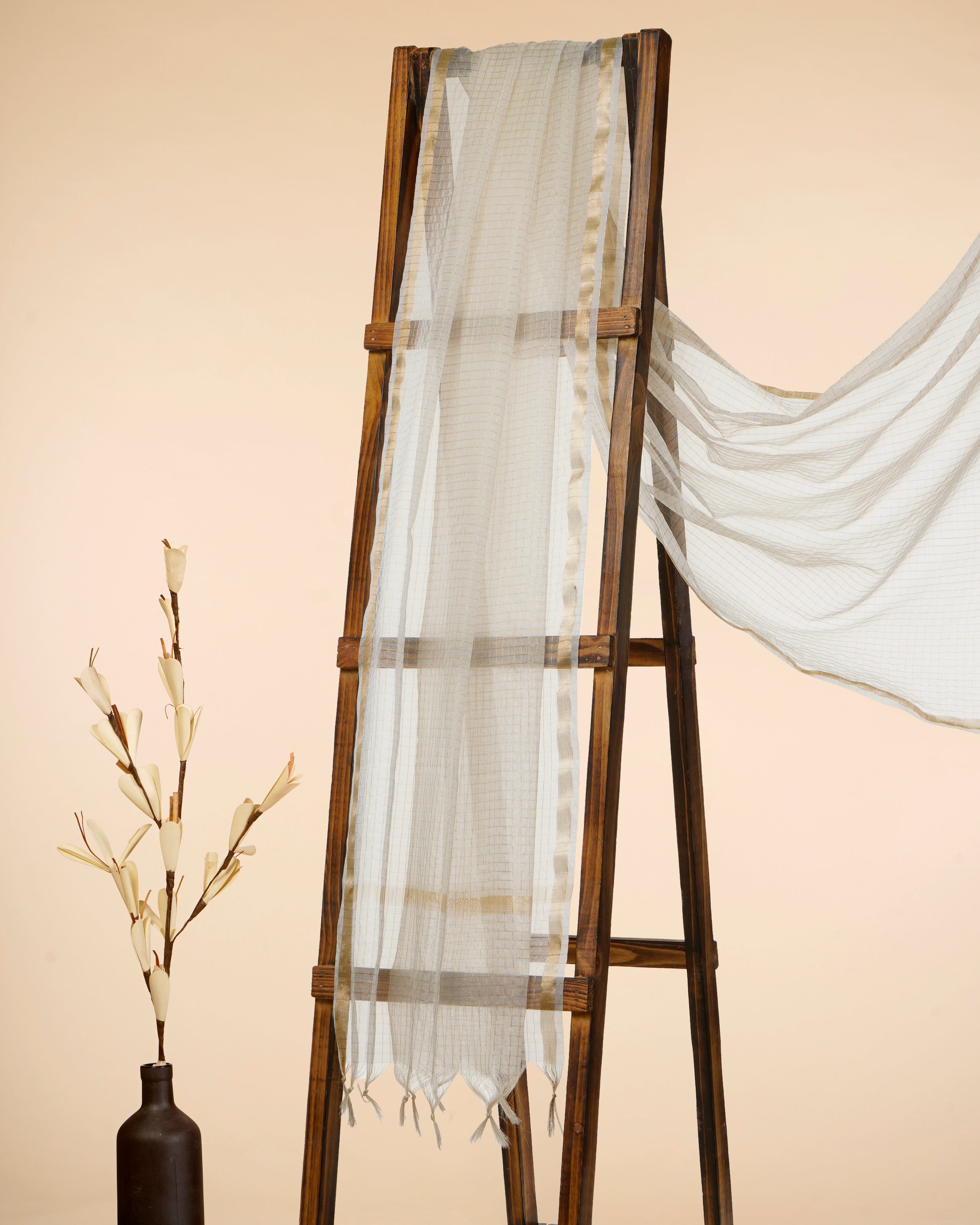 White-Gold Check Pattern Fancy Organza Dupatta With Tassel