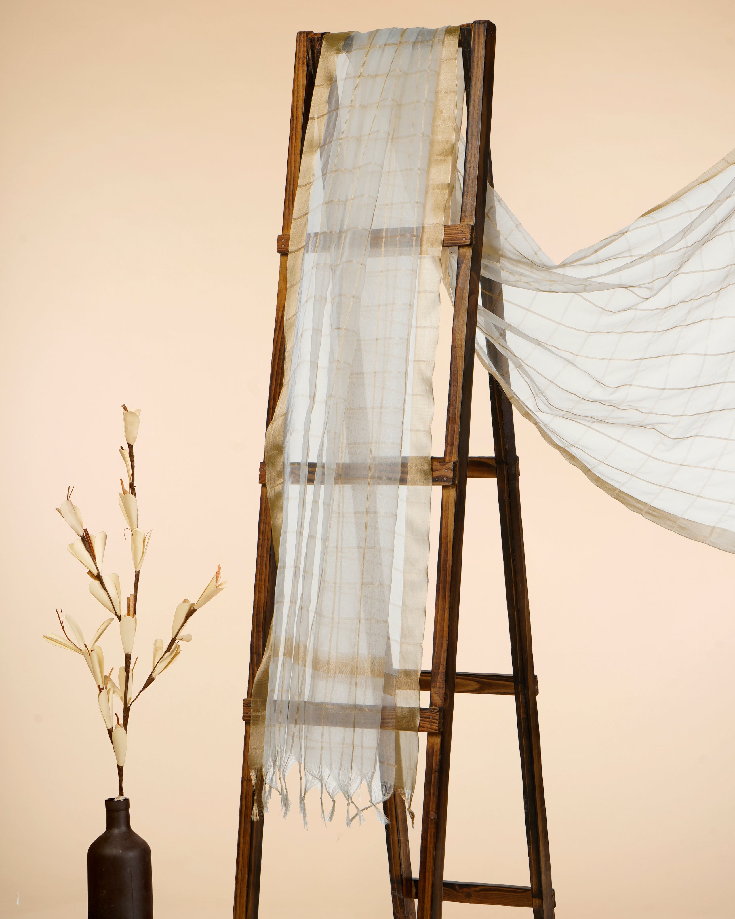 White-Gold Check Pattern Fancy Organza Dupatta With Tassel