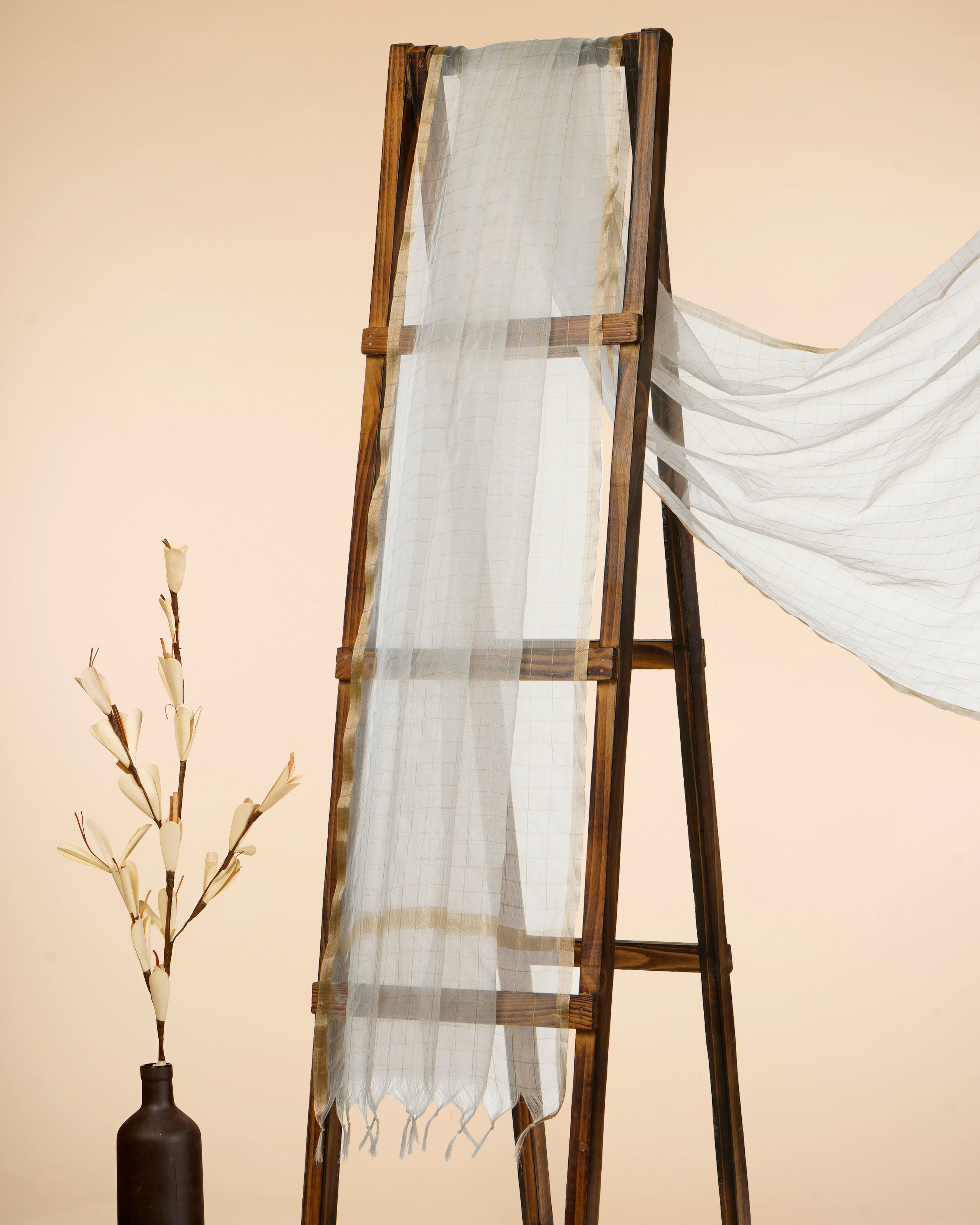 White-Gold Check Pattern Fancy Organza Dupatta With Tassel