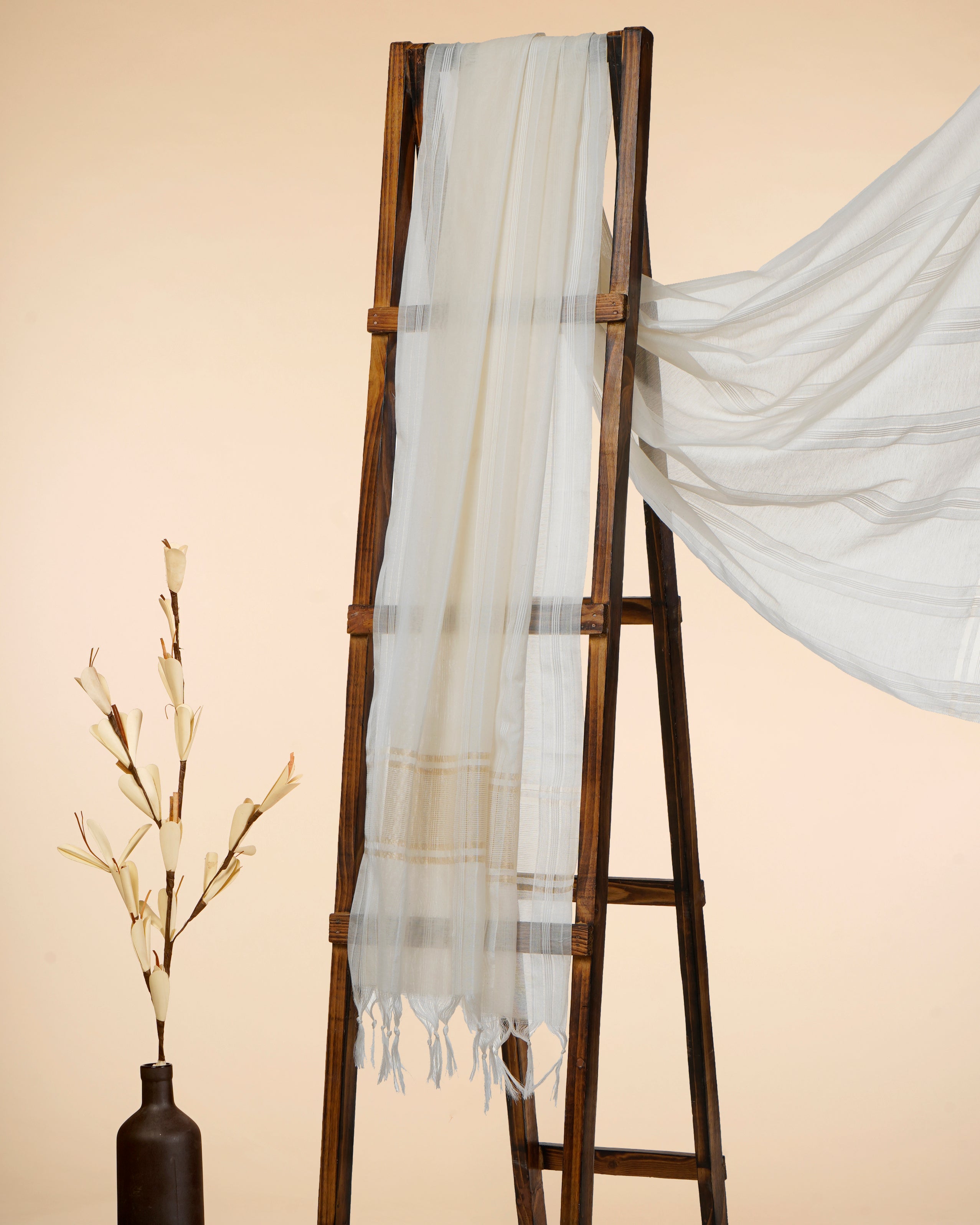 White-Gold Check Pattern Fancy Cotton Dupatta With Tassel