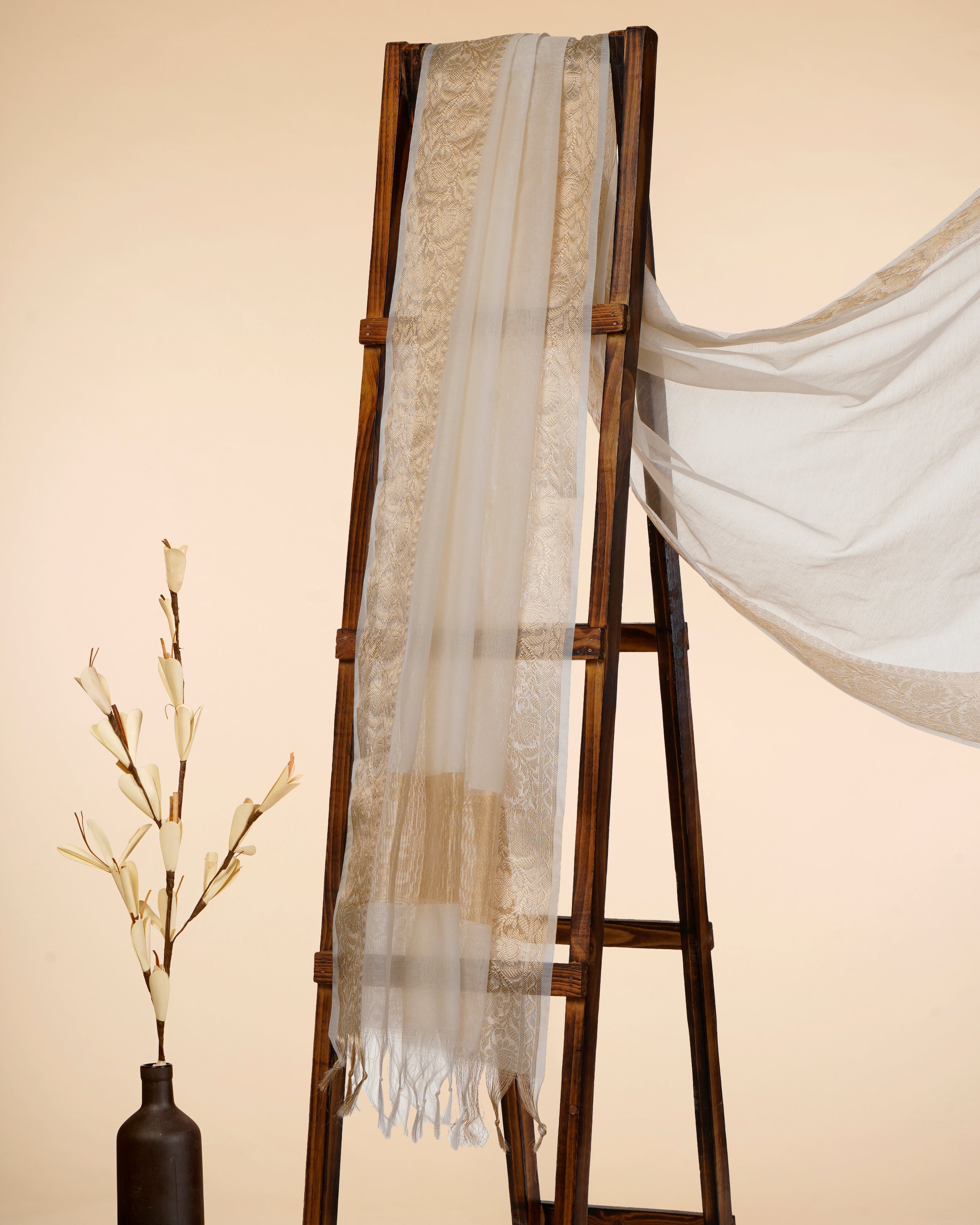 White-Gold Plain Fancy Cotton Dupatta With Border&Tassel