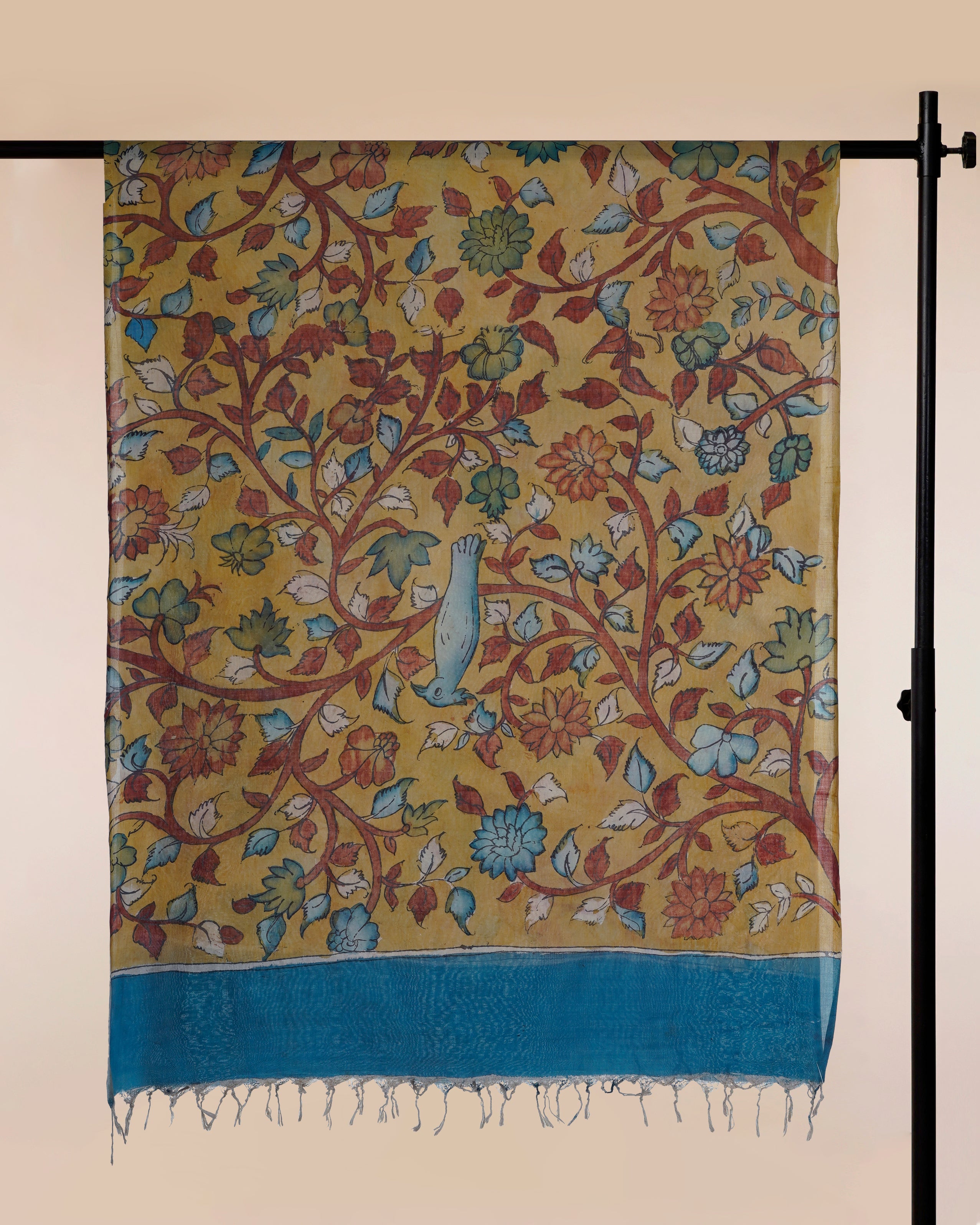 Multi Color Natural Dye Handcrafted Pen Kalamkari Silk-Cotton Dupatta