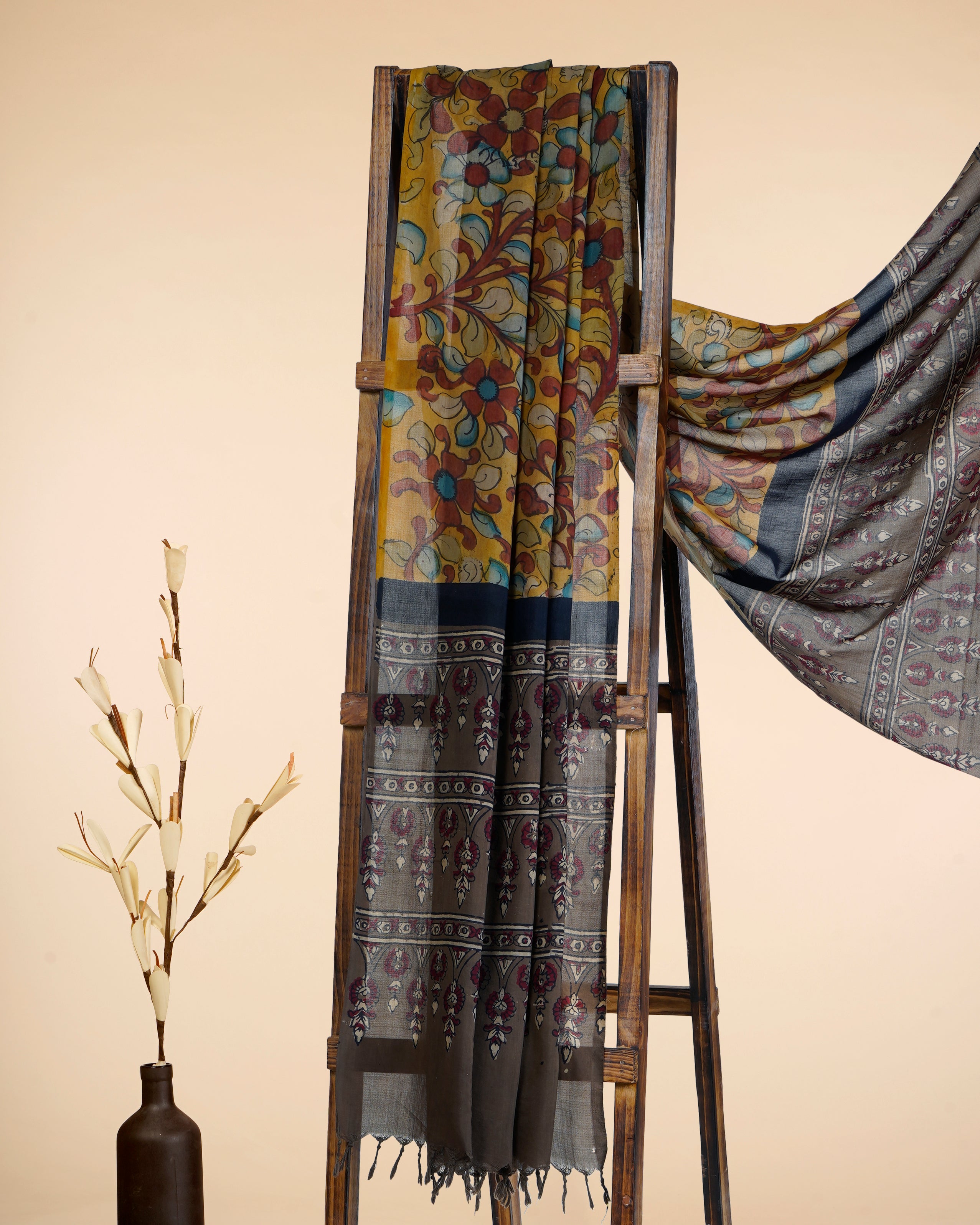 Multi Color Natural Dye Handcrafted Pen Kalamkari Silk-Cotton Dupatta