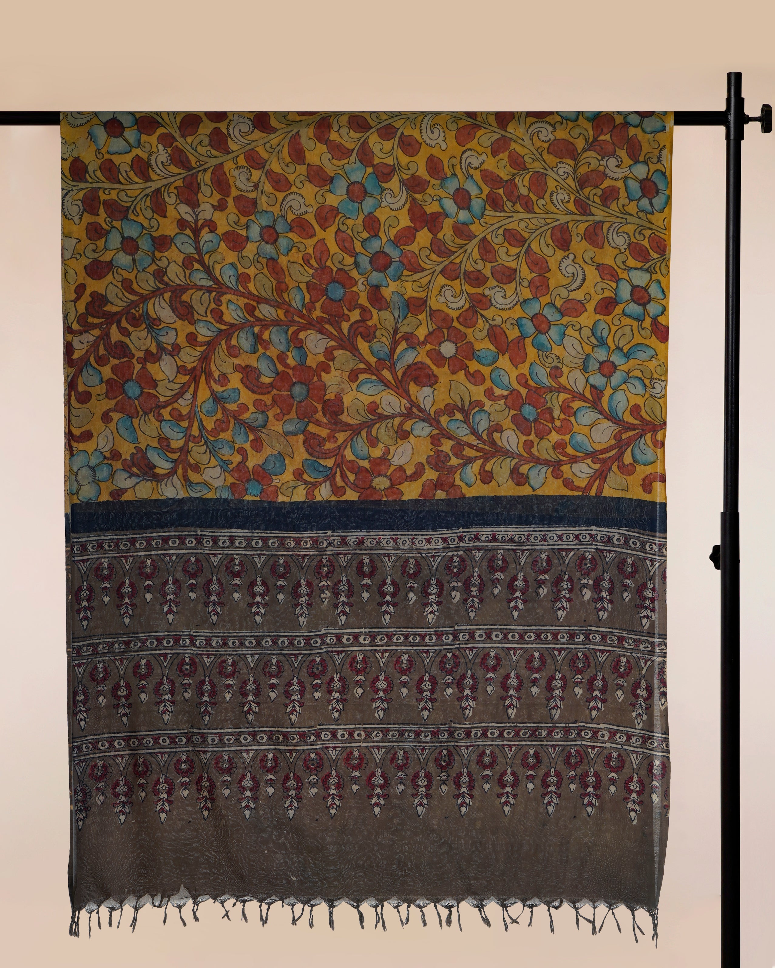 Multi Color Natural Dye Handcrafted Pen Kalamkari Silk-Cotton Dupatta