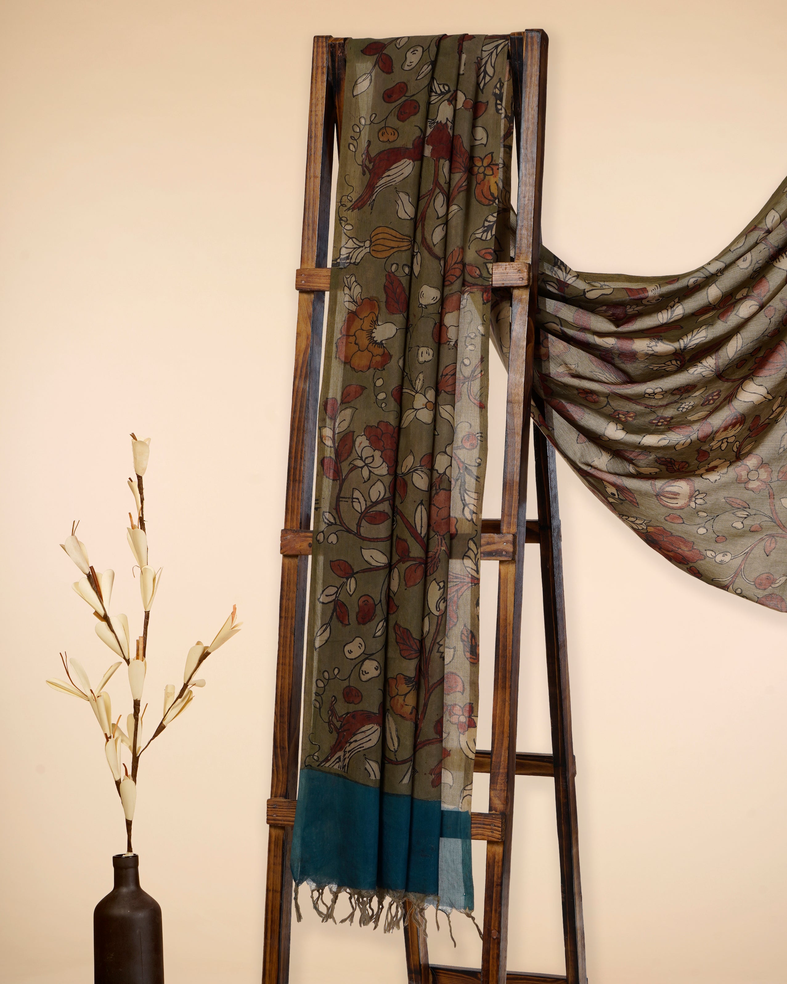 Multi Color Natural Dye Handcrafted Pen Kalamkari Silk-Cotton Dupatta