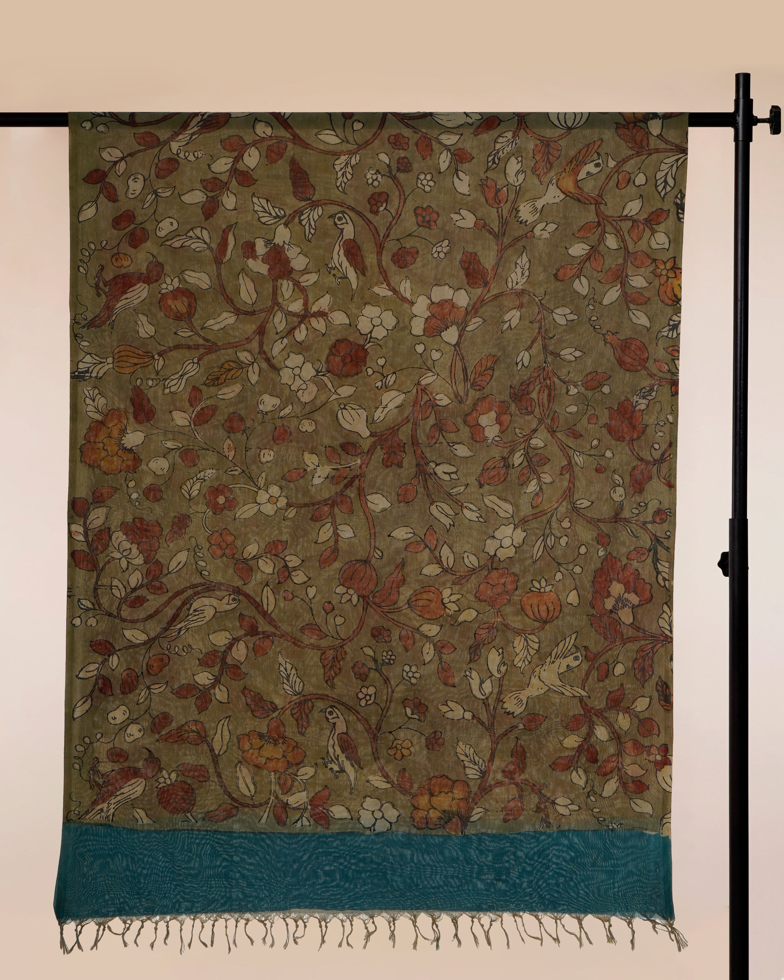 Multi Color Natural Dye Handcrafted Pen Kalamkari Silk-Cotton Dupatta