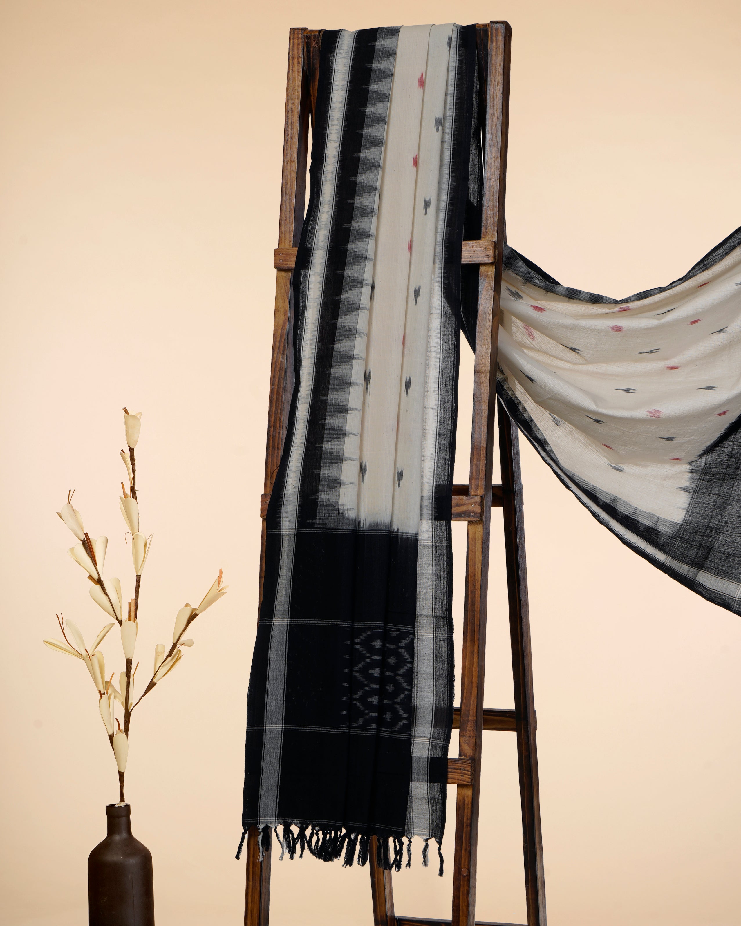 Black-Cream Handwoven Ikat Cotton Dupatta