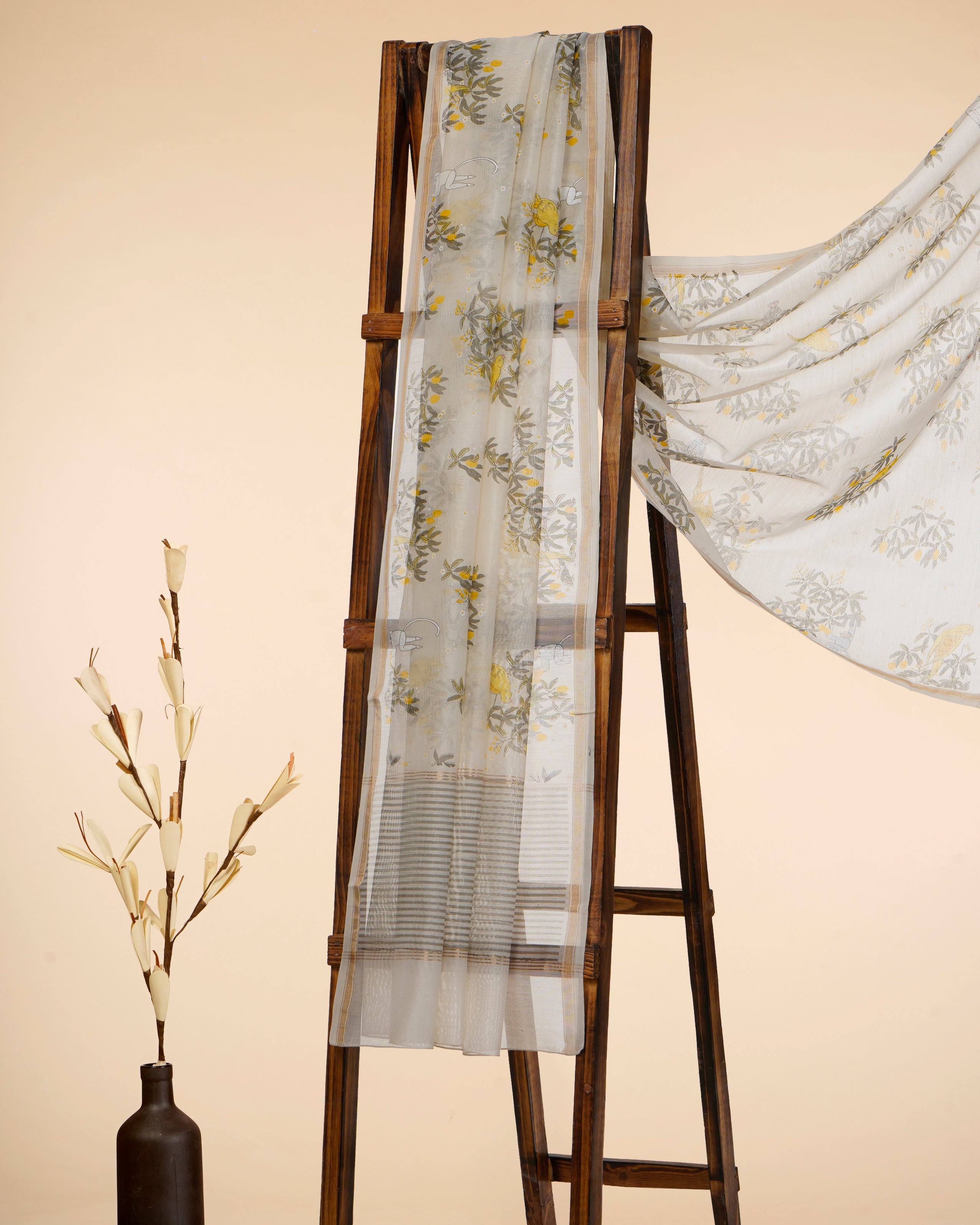 White-Yellow All Over Pattern Hand Screen Printed Pure Chanderi Dupatta