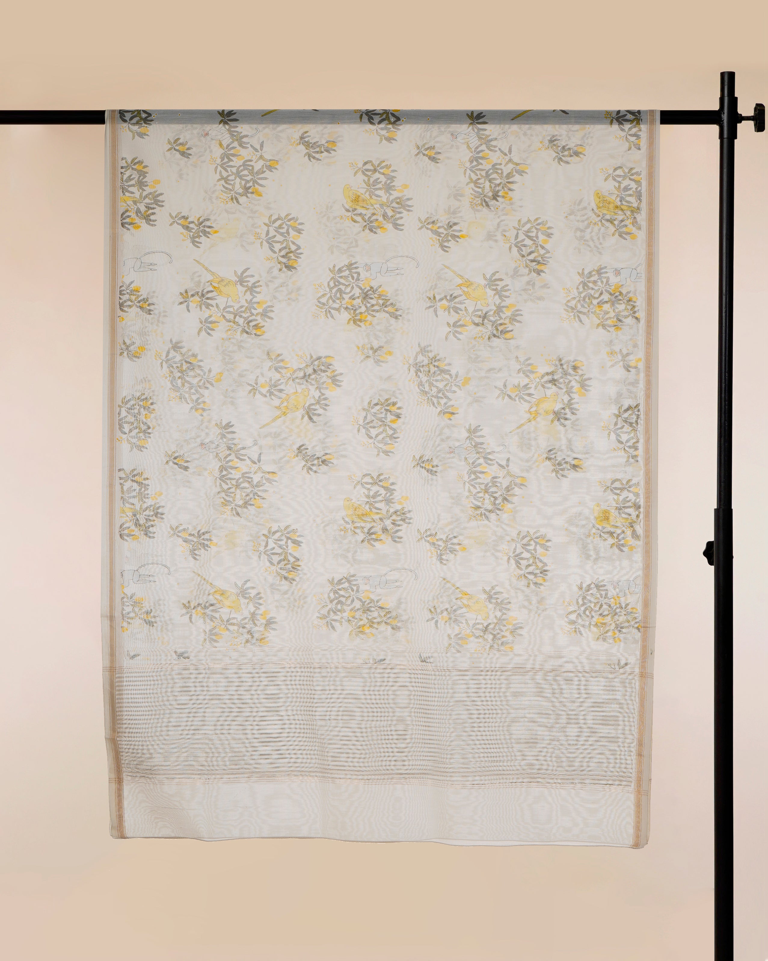 White-Yellow All Over Pattern Hand Screen Printed Pure Chanderi Dupatta