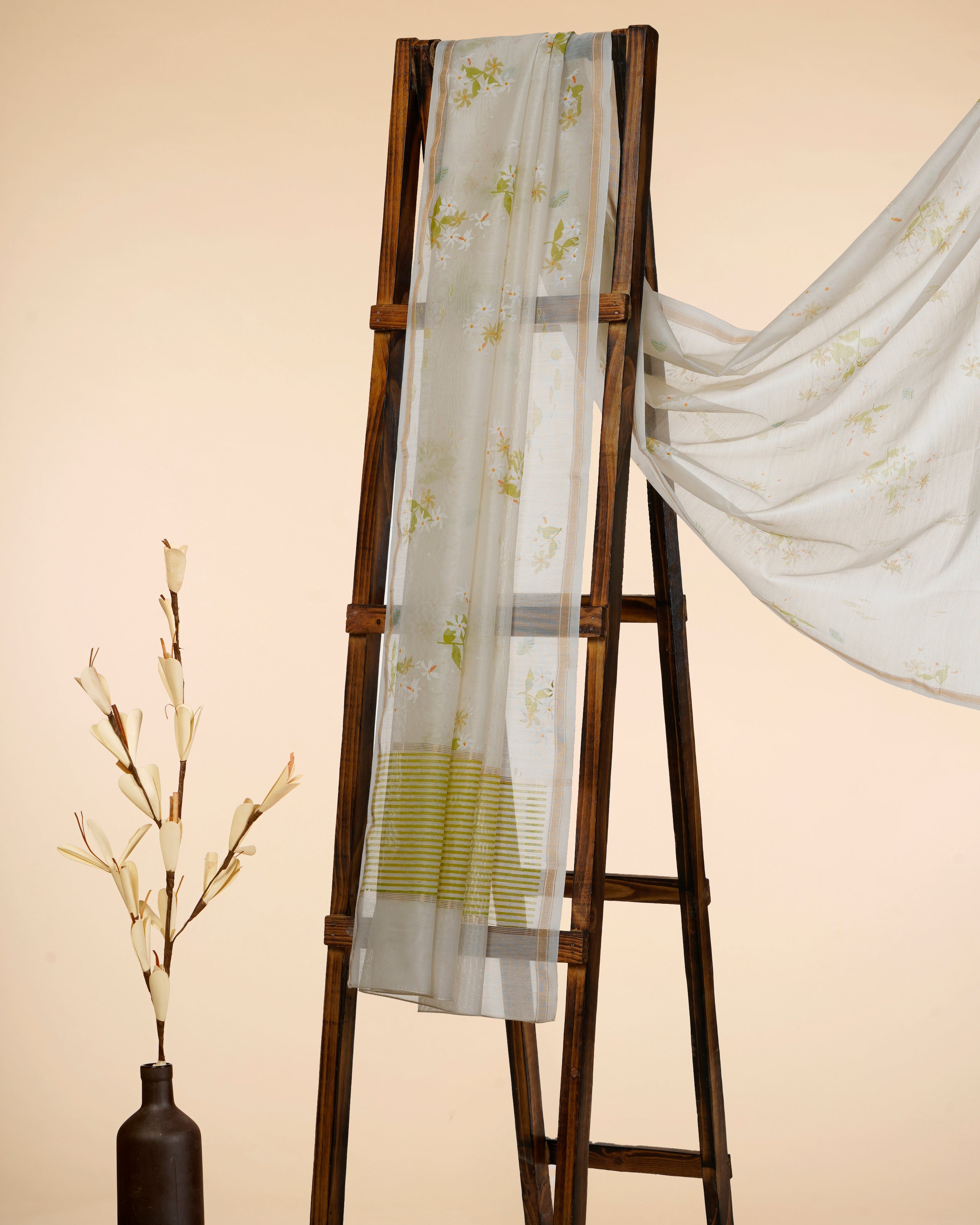 White-Sap Green All Over Pattern Hand Screen Printed Pure Chanderi Dupatta