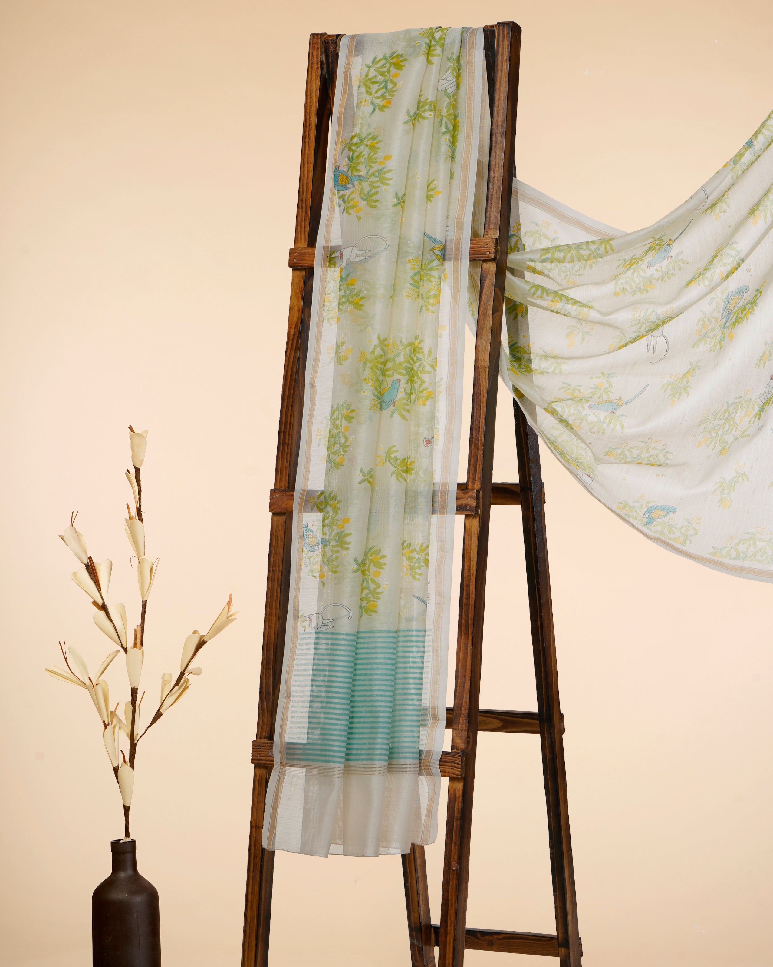 White-Green All Over Pattern Hand Screen Printed Pure Chanderi Dupatta