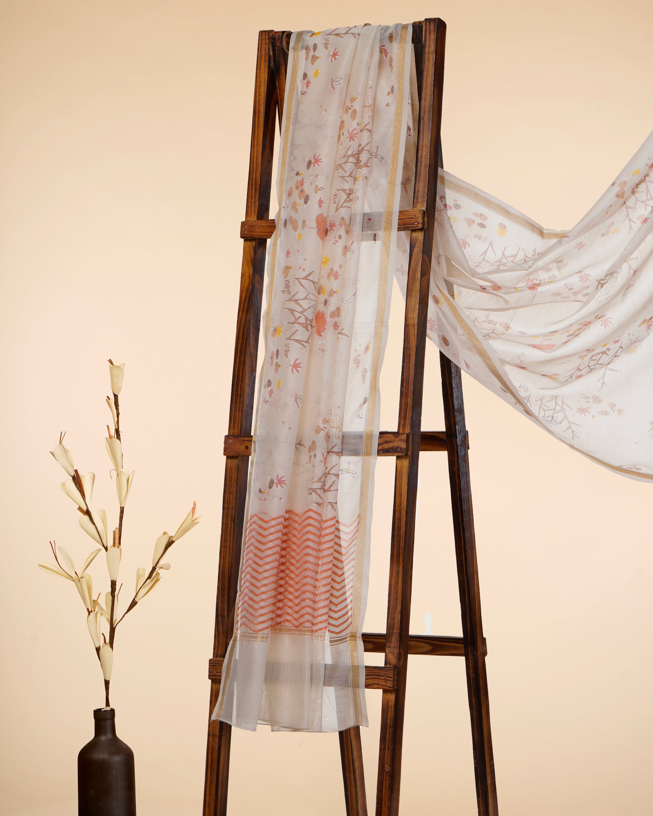 White-Pink All Over Pattern Hand Screen Printed Pure Chanderi Dupatta