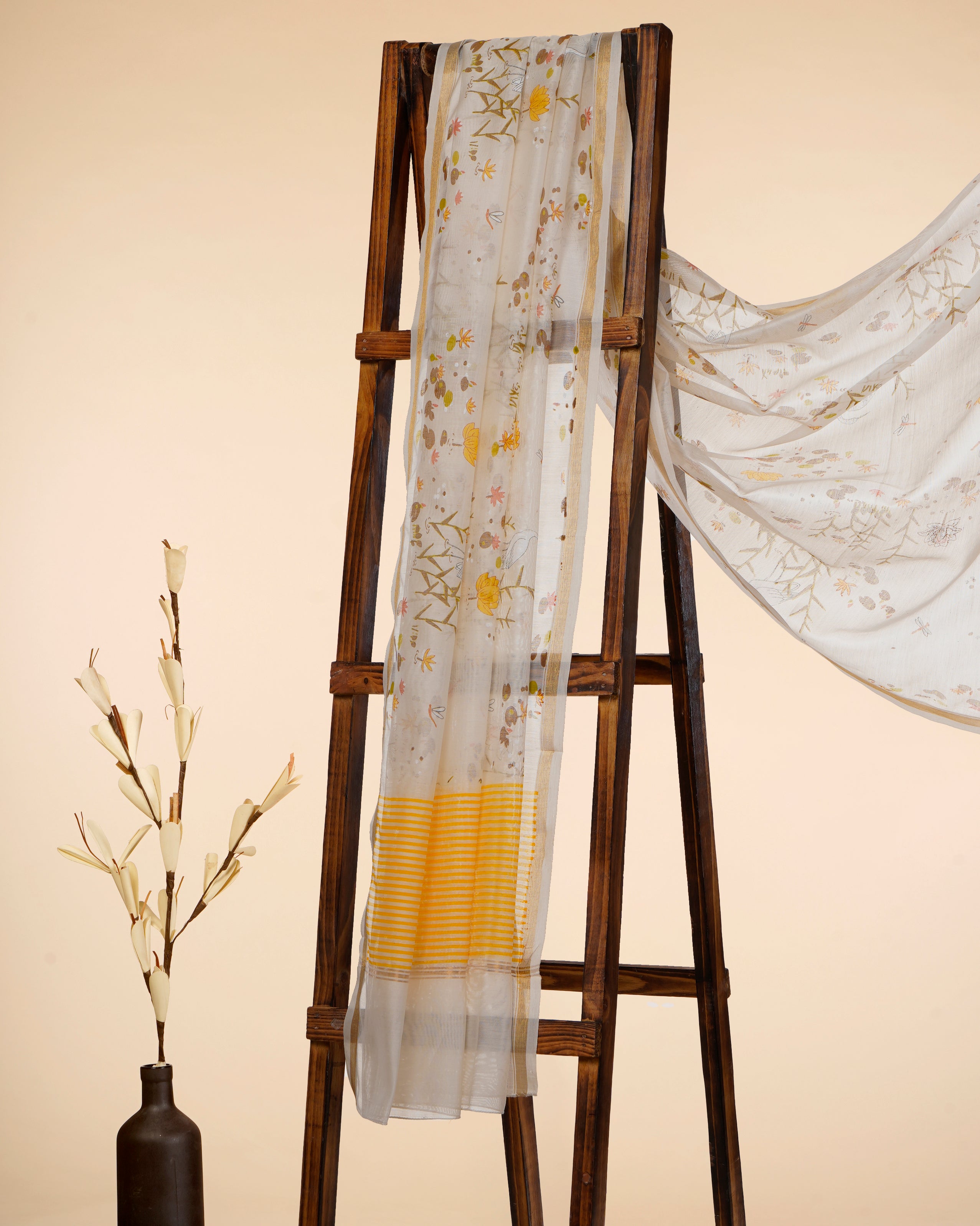 White-Yellow All Over Pattern Hand Screen Printed Pure Chanderi Dupatta