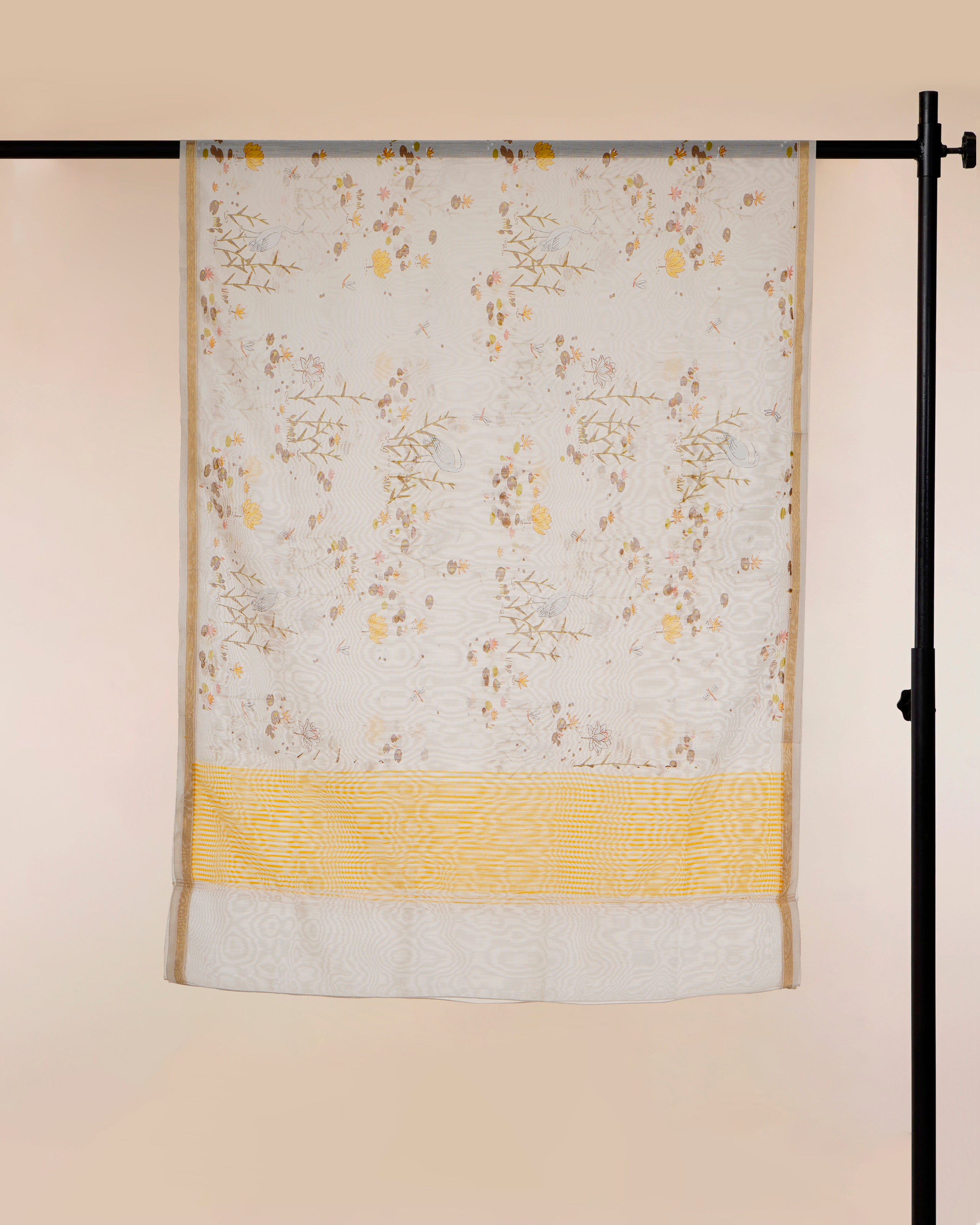 White-Yellow All Over Pattern Hand Screen Printed Pure Chanderi Dupatta