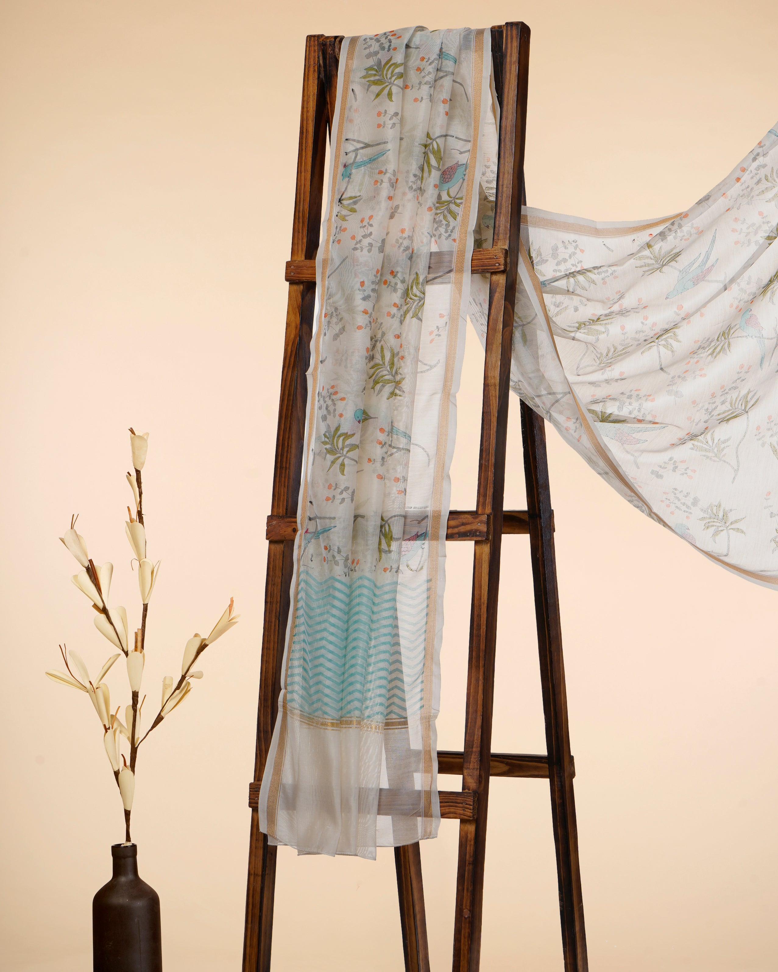 White-Grey All Over Pattern Hand Screen Printed Pure Chanderi Dupatta