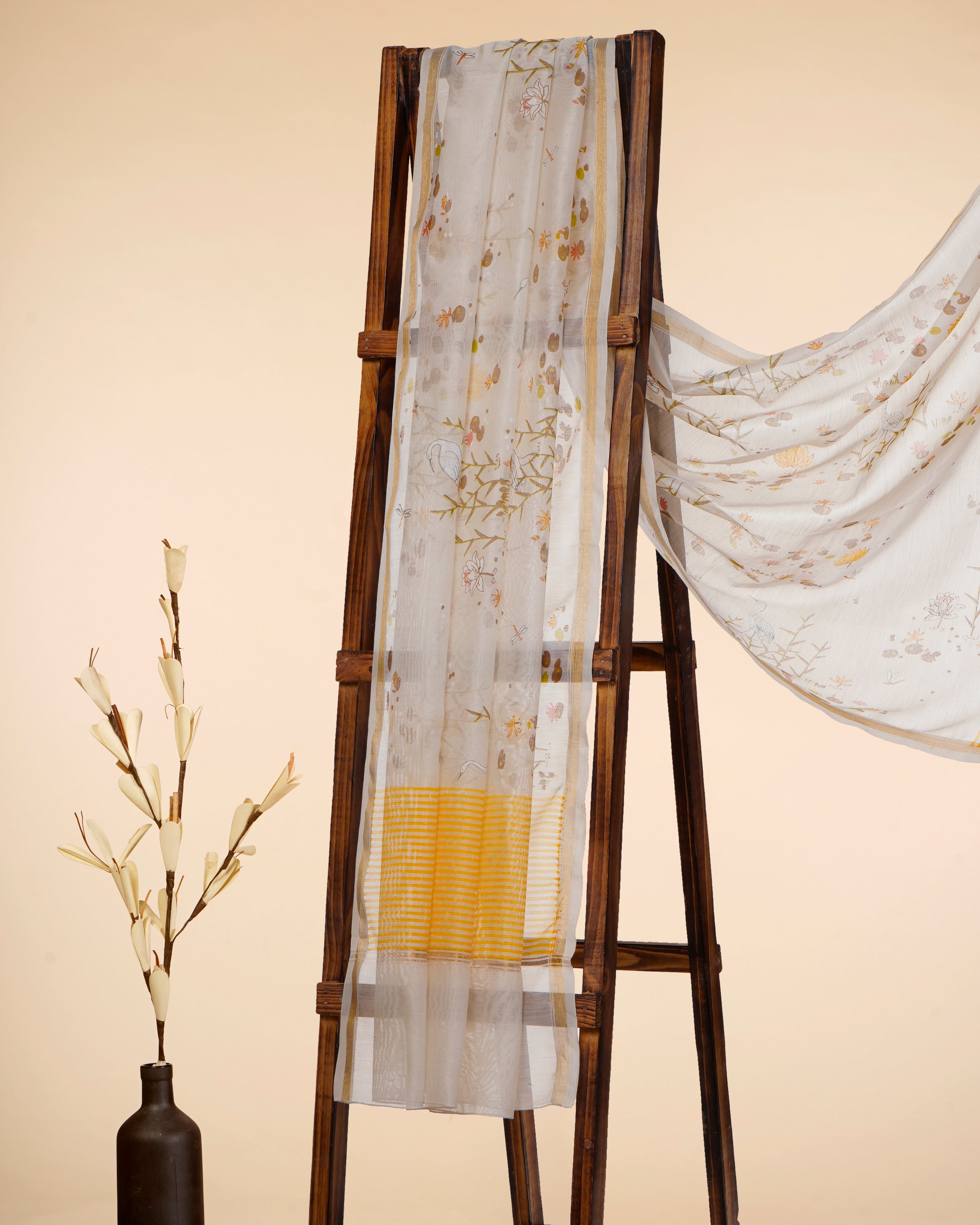 White-Yellow All Over Pattern Hand Screen Printed Pure Chanderi Dupatta