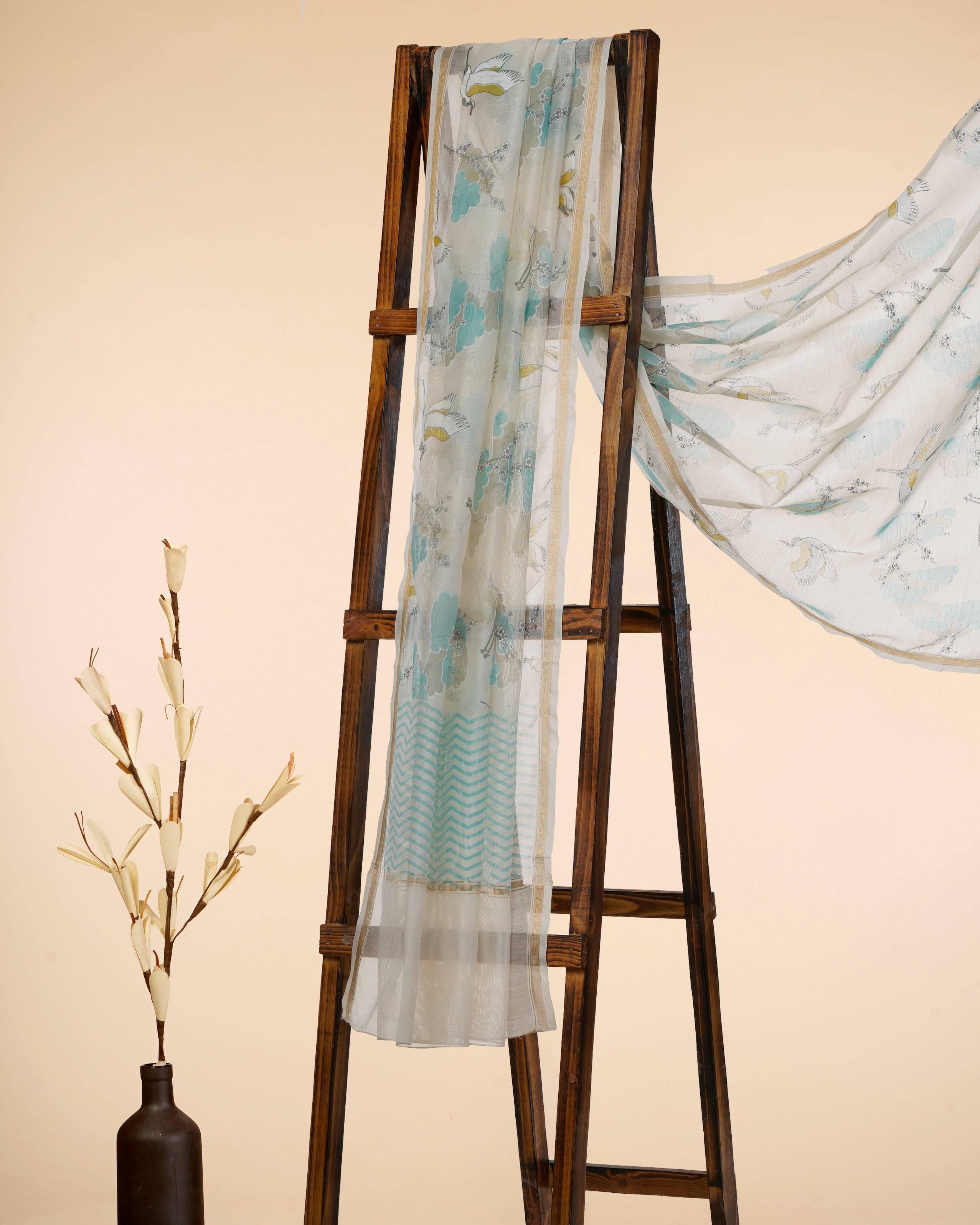 White-Ice Blue All Over Pattern Hand Screen Printed Pure Chanderi Dupatta