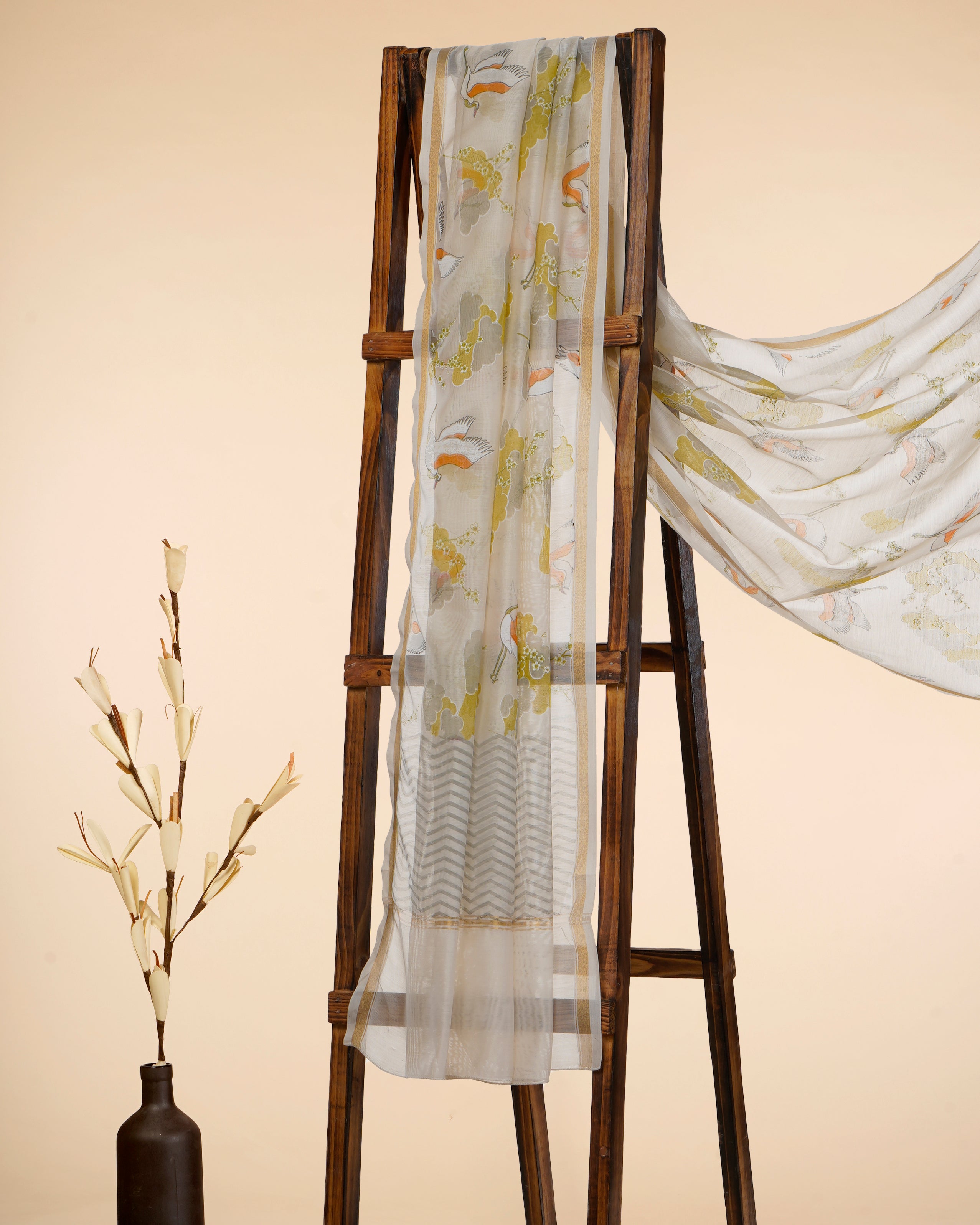 White-Pastel Green All Over Pattern Hand Screen Printed Pure Chanderi Dupatta