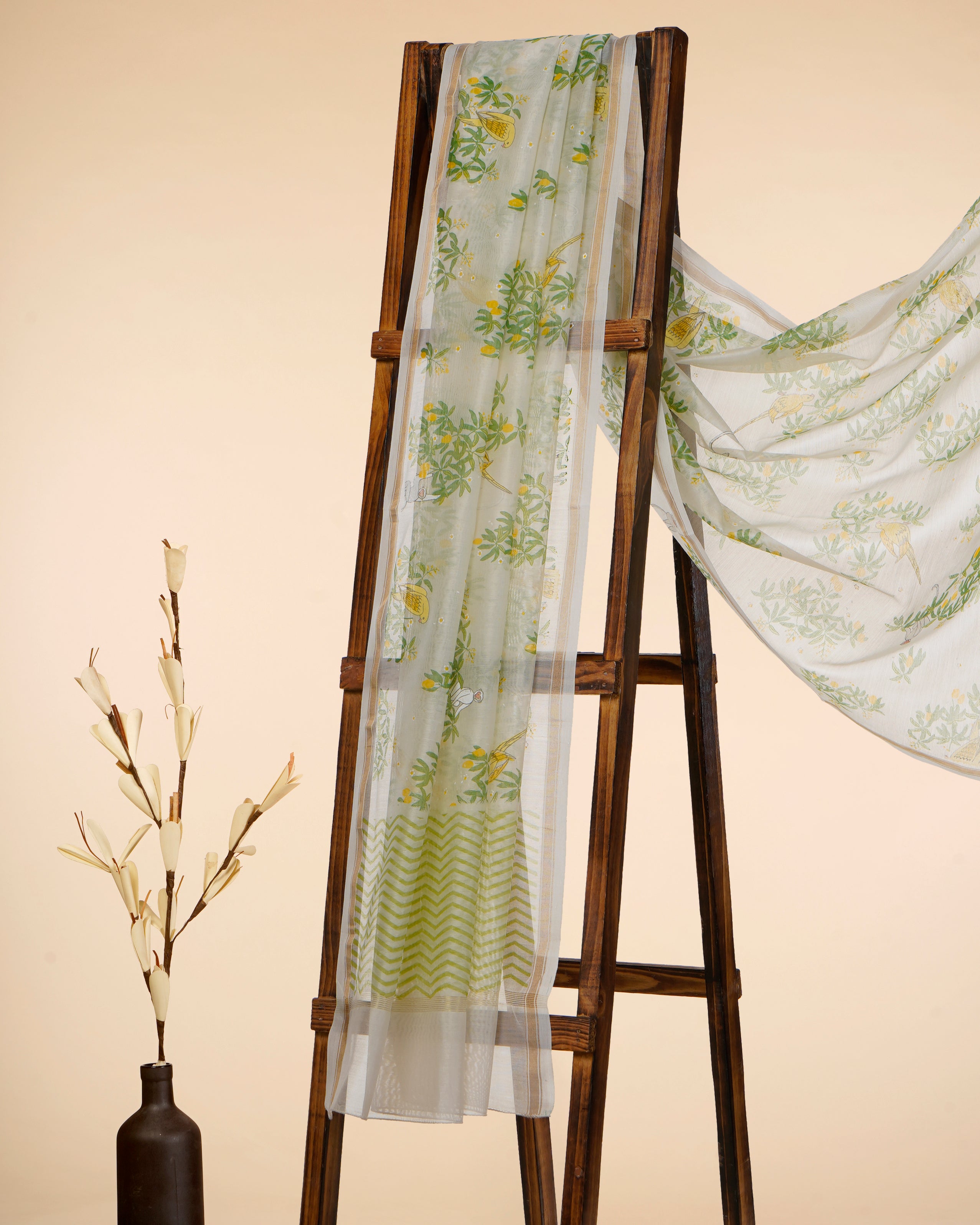 White-Green All Over Pattern Hand Screen Printed Pure Chanderi Dupatta