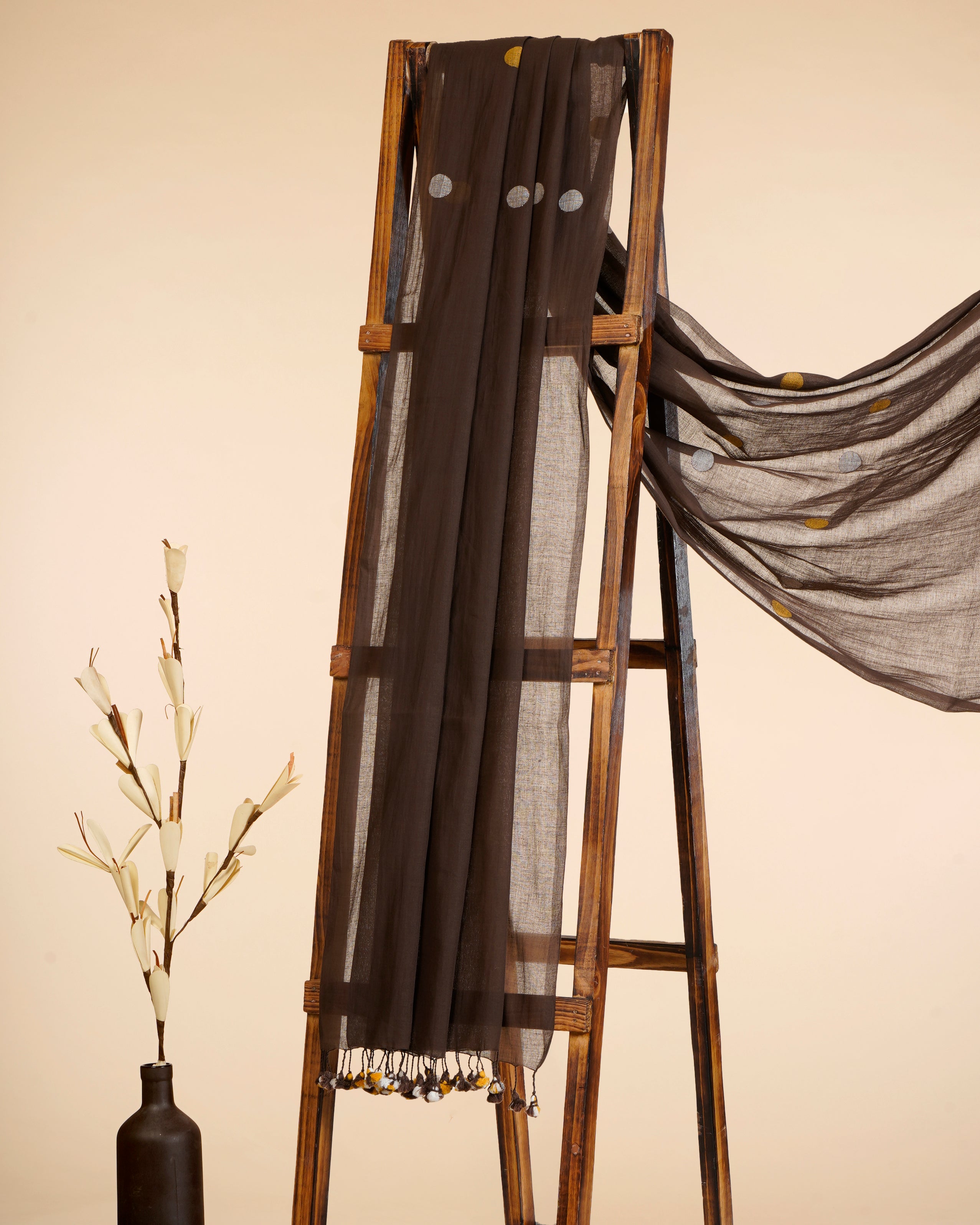 Brown Handwoven Jamdani Cotton Dupatta with Tassels