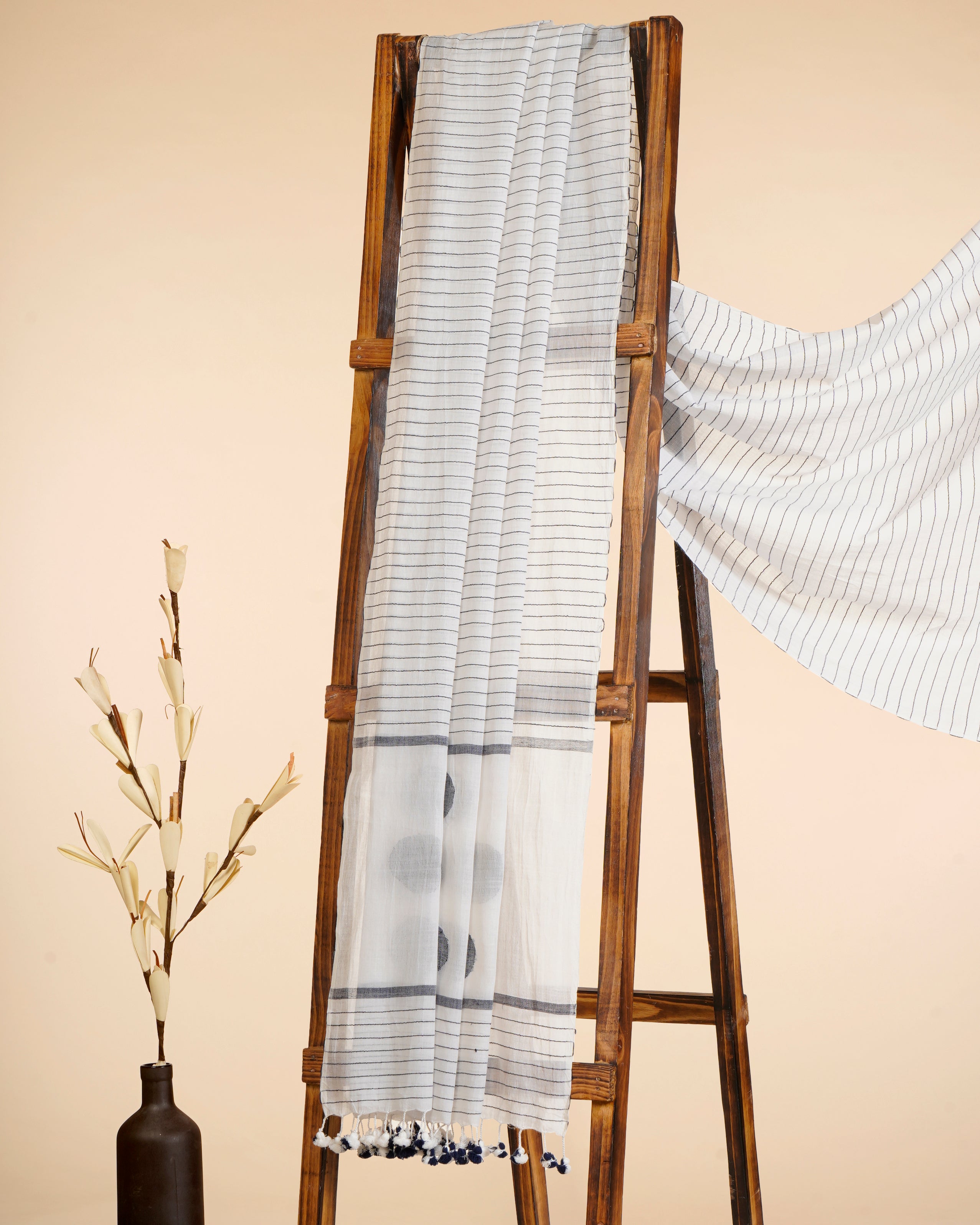 White-Black Polka Dot Pattern Handwoven Jamdani Cotton Dupatta with Tassels