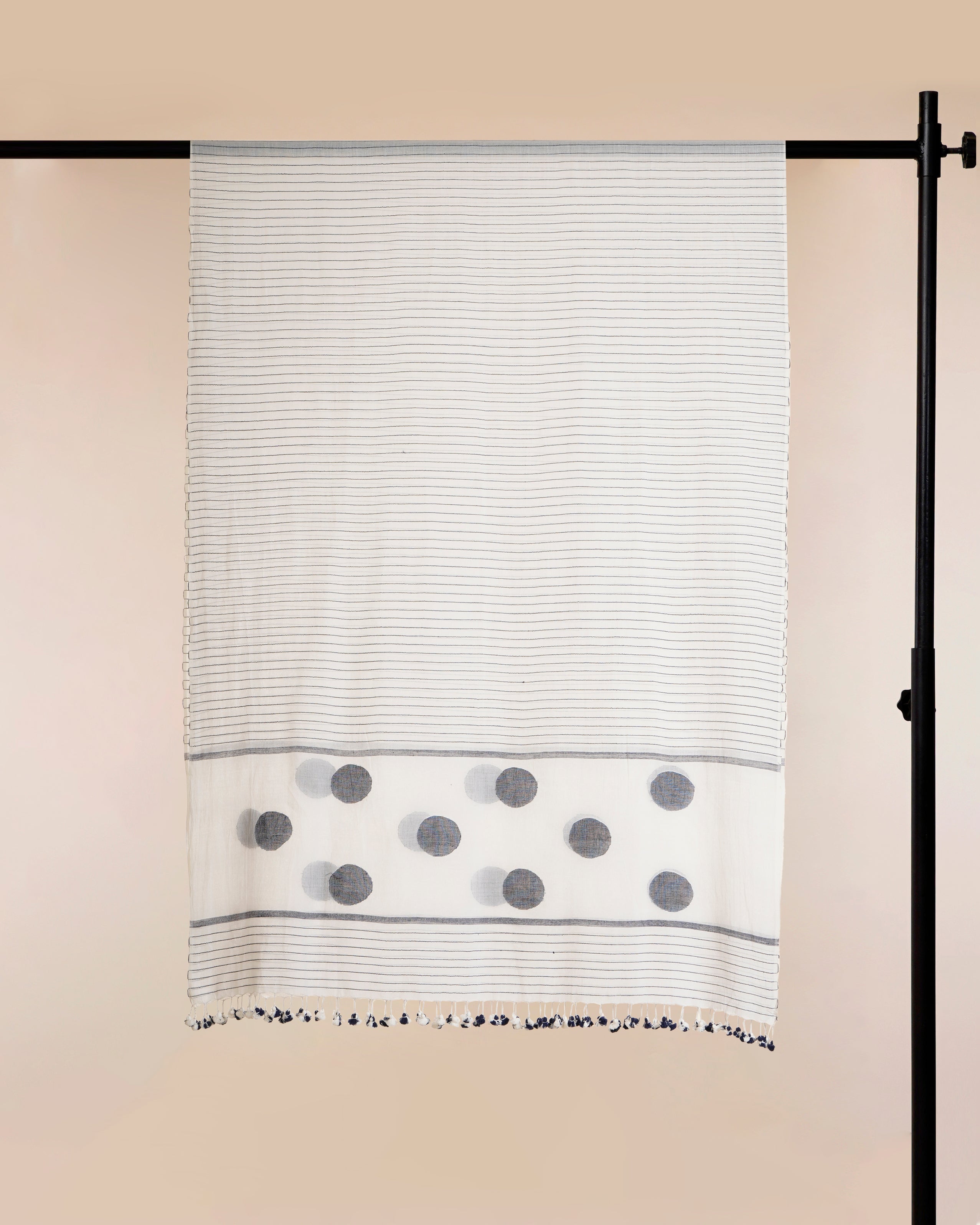 White-Black Polka Dot Pattern Handwoven Jamdani Cotton Dupatta with Tassels