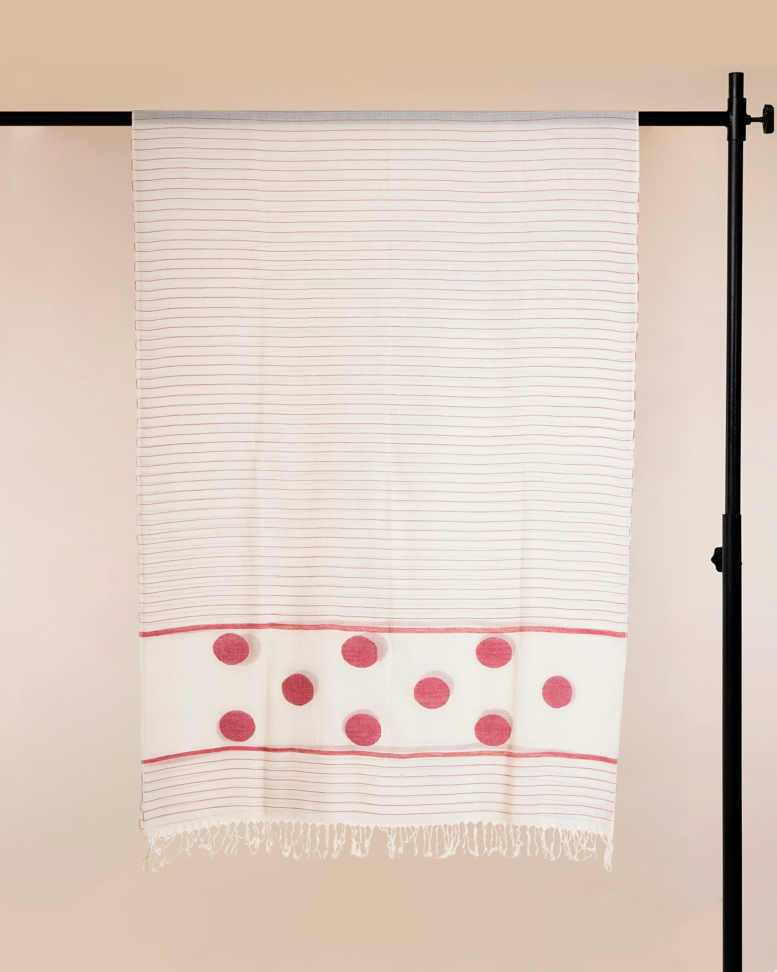 White-Red Polka Dot Pattern Handwoven Jamdani Cotton Dupatta with Tassels