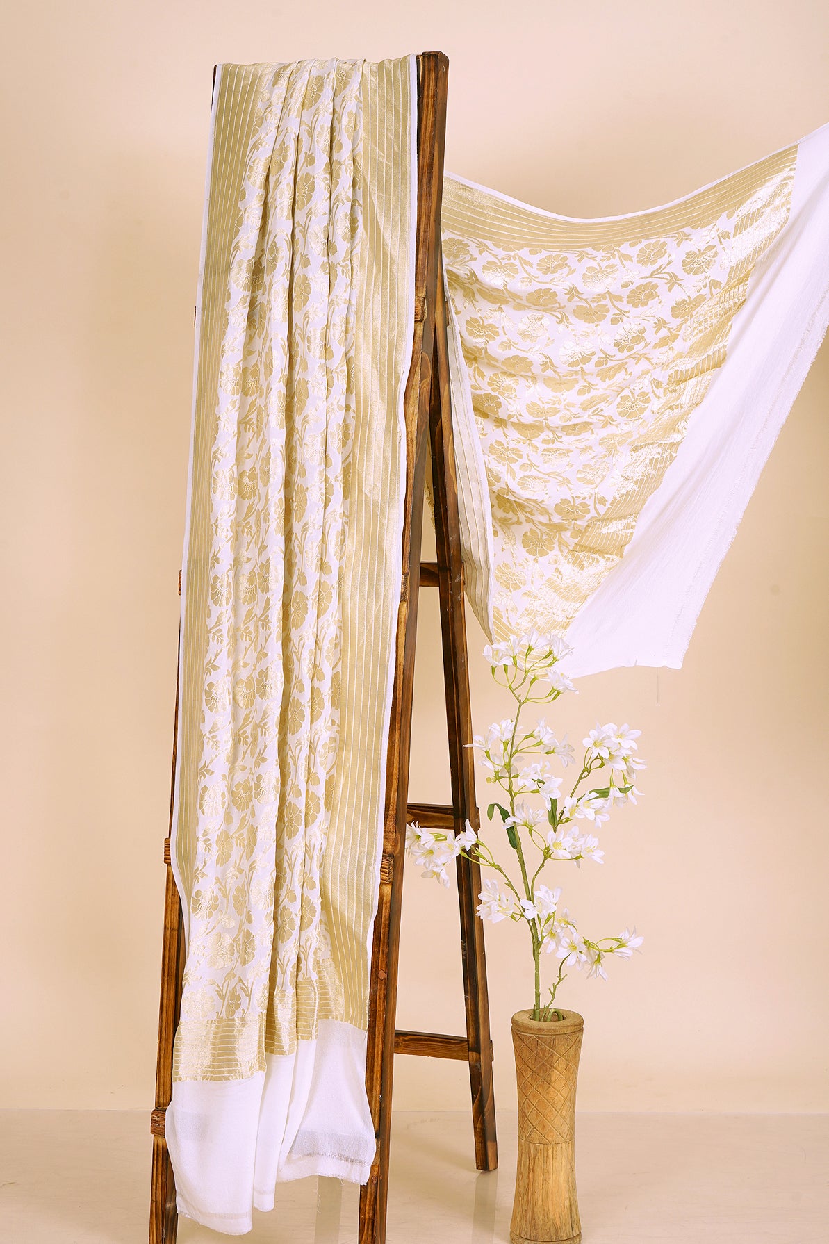 White-Golden Color Banarasi Georgette Silk Dupatta