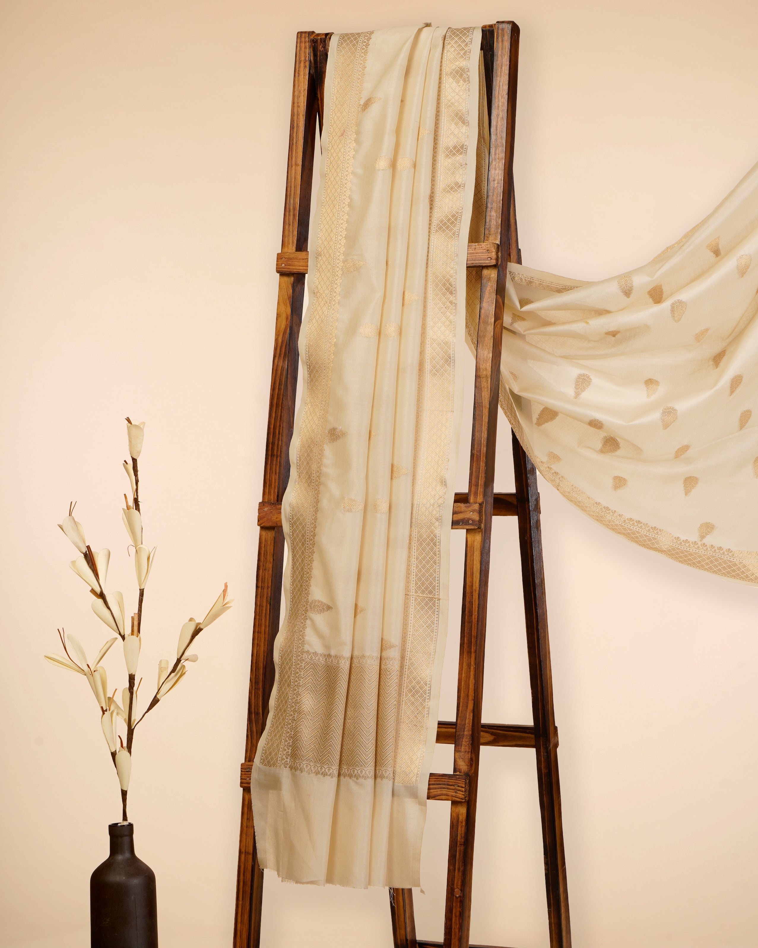 Peach-Gold All Over Pattern Handwoven Brocade Pure Silk Dupatta