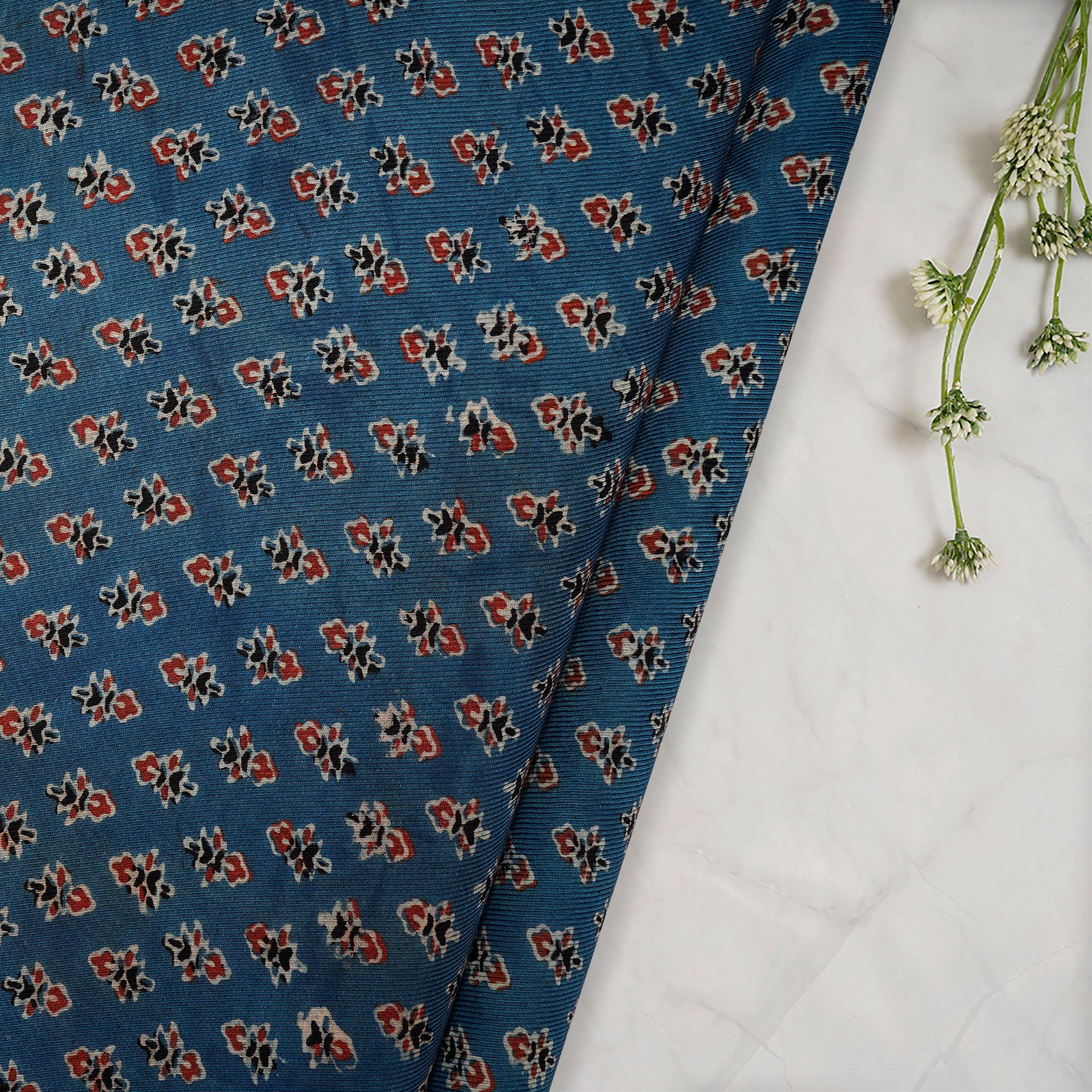 (Pre-Cut 3.00 Mtr) Quiet Harbor Motif Handcrafted Ajrak Printed Modal Satin Dobby Fabric