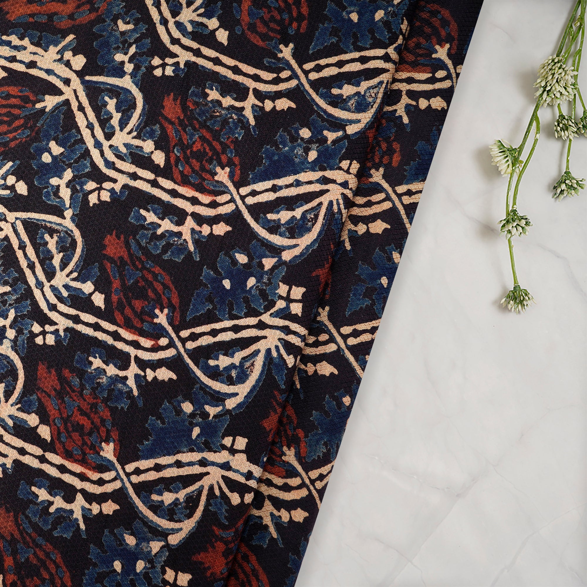 (Pre-Cut 1.00 Mtr) Black Floral Pattern Handcrafted Ajrak Printed Modal Satin Dobby Fabric